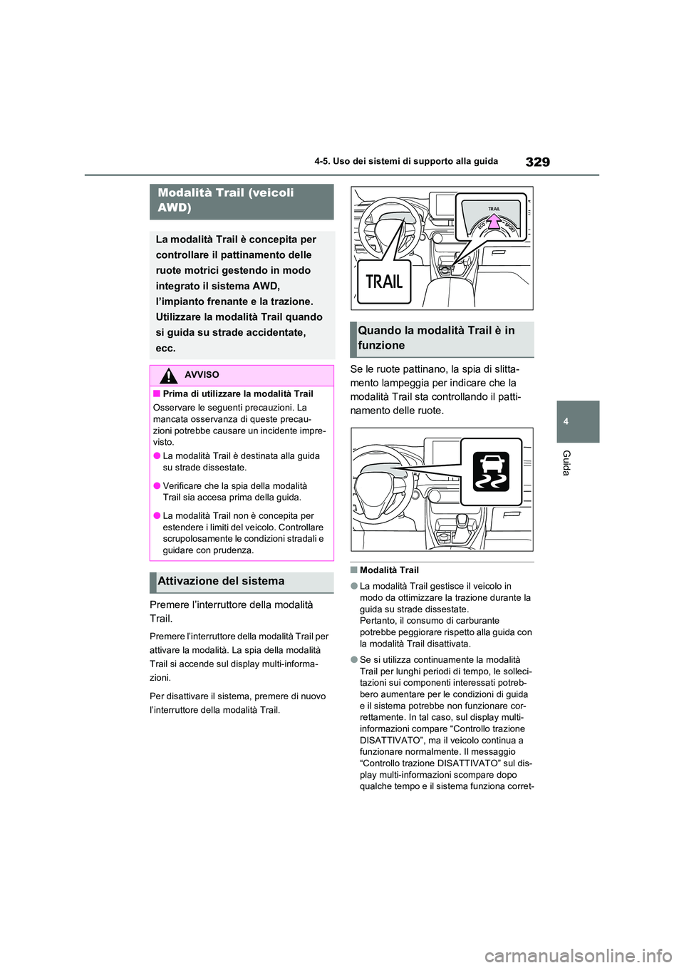 TOYOTA RAV4 2023 Manuale duso (in Italian) 329
4
4-5. Uso dei sistemi di supporto alla guida
Guida
Premere l’interruttore della modalità
Trail.
Premere l’interruttore della modalità Trail per
attivare la modalità. La spia della mod TOYOTA RAV4 2023 Manuale duso (in Italian) 329
4
4-5. Uso dei sistemi di supporto alla guida
Guida
Premere l’interruttore della modalità
Trail.
Premere l’interruttore della modalità Trail per
attivare la modalità. La spia della mod