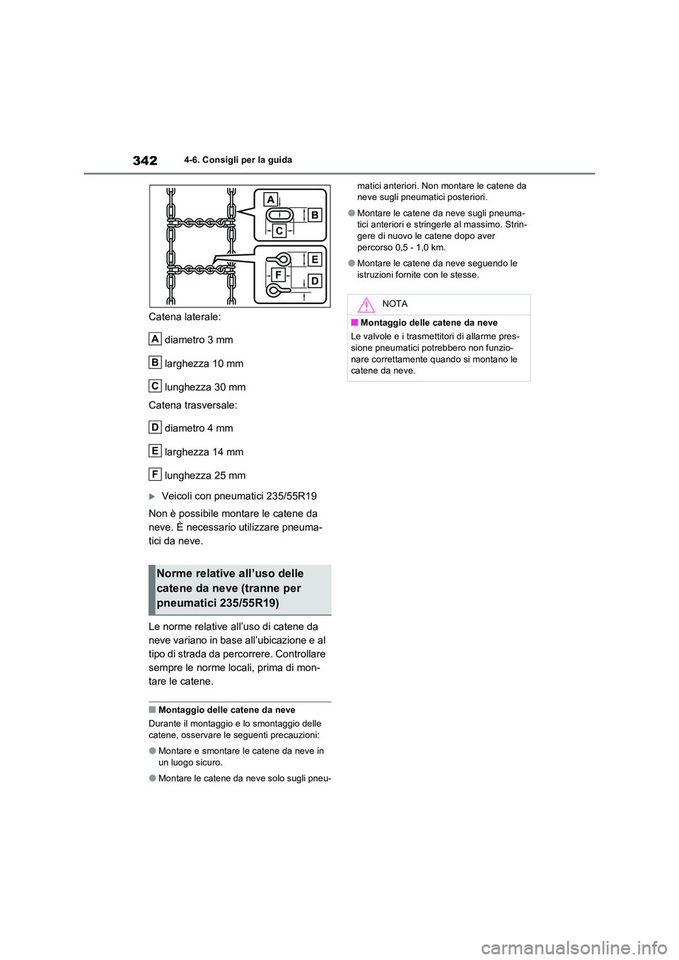 TOYOTA RAV4 2023 Manuale duso (in Italian) 3424-6. Consigli per la guida
Catena laterale:
diametro 3 mm
larghezza 10 mm
lunghezza 30 mm
Catena trasversale:
diametro 4 mm
larghezza 14 mm
lunghezza 25 mm
Veicoli con pneumatici 235/55R1 TOYOTA RAV4 2023 Manuale duso (in Italian) 3424-6. Consigli per la guida
Catena laterale:
diametro 3 mm
larghezza 10 mm
lunghezza 30 mm
Catena trasversale:
diametro 4 mm
larghezza 14 mm
lunghezza 25 mm
Veicoli con pneumatici 235/55R1