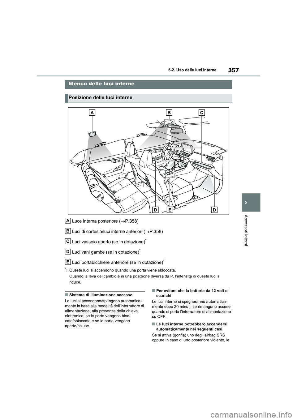 TOYOTA RAV4 2023 Manuale duso (in Italian) 357
5 5-2. Uso delle luci interne
Accessori interni
5-2.Uso delle luci interne
Luce interna posteriore (P.358)
Luci di cortesia/luci interne anteriori (P.358)
Luci vassoio aperto (se in dotazion TOYOTA RAV4 2023 Manuale duso (in Italian) 357
5 5-2. Uso delle luci interne
Accessori interni
5-2.Uso delle luci interne
Luce interna posteriore (P.358)
Luci di cortesia/luci interne anteriori (P.358)
Luci vassoio aperto (se in dotazion
