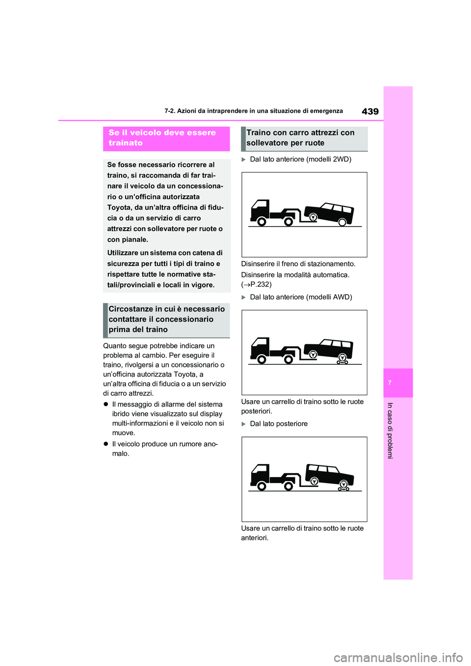 TOYOTA RAV4 2023 Manuale duso (in Italian) 439
7
7-2. Azioni da intraprendere in una situazione di emergenza
In caso di problemi
7-2.Azioni d a intra pren dere in una situazione di emergenza
Quanto segue potrebbe indicare un
problema al TOYOTA RAV4 2023 Manuale duso (in Italian) 439
7
7-2. Azioni da intraprendere in una situazione di emergenza
In caso di problemi
7-2.Azioni d a intra pren dere in una situazione di emergenza
Quanto segue potrebbe indicare un
problema al