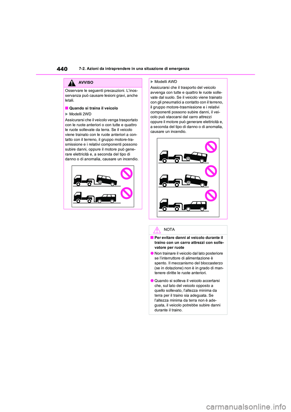 TOYOTA RAV4 2023 Manuale duso (in Italian) 4407-2. Azioni da intraprendere in una situazione di emergenza
AVVISO
Osservare le seguenti precauzioni. L’inos-
servanza può causare lesioni gravi, anche letali.
■Quando si traina il veicolo
TOYOTA RAV4 2023 Manuale duso (in Italian) 4407-2. Azioni da intraprendere in una situazione di emergenza
AVVISO
Osservare le seguenti precauzioni. L’inos-
servanza può causare lesioni gravi, anche letali.
■Quando si traina il veicolo
