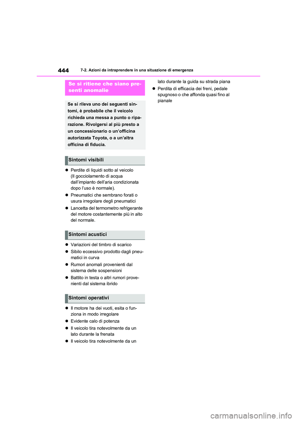 TOYOTA RAV4 2023 Manuale duso (in Italian) 4447-2. Azioni da intraprendere in una situazione di emergenza
Perdite di liquidi sotto al veicolo
(Il gocciolamento di acqua
dall’impianto dell’aria condizionata
dopo l’uso è normale).
TOYOTA RAV4 2023 Manuale duso (in Italian) 4447-2. Azioni da intraprendere in una situazione di emergenza
Perdite di liquidi sotto al veicolo
(Il gocciolamento di acqua
dall’impianto dell’aria condizionata
dopo l’uso è normale).