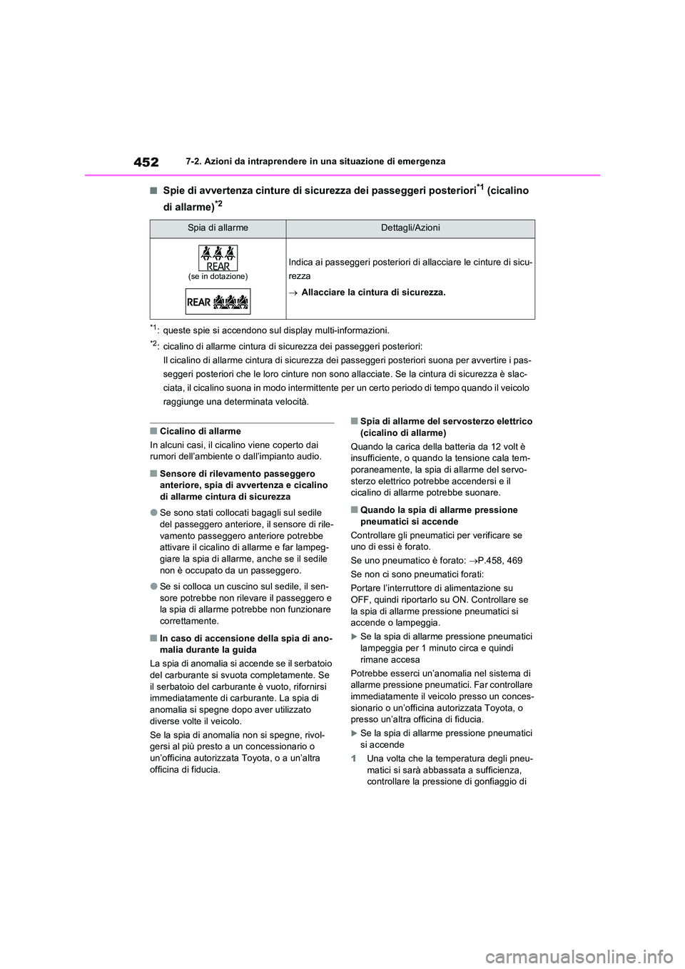 TOYOTA RAV4 2023 Manuale duso (in Italian) 4527-2. Azioni da intraprendere in una situazione di emergenza
■Spie di avvertenza cinture di sicurezza dei passeggeri posteriori*1 (cicalino
di allarme)*2
*1: queste spie si accendono sul display TOYOTA RAV4 2023 Manuale duso (in Italian) 4527-2. Azioni da intraprendere in una situazione di emergenza
■Spie di avvertenza cinture di sicurezza dei passeggeri posteriori*1 (cicalino
di allarme)*2
*1: queste spie si accendono sul display
