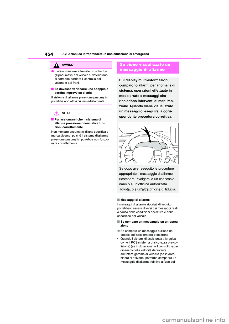 TOYOTA RAV4 2023 Manuale duso (in Italian) 4547-2. Azioni da intraprendere in una situazione di emergenza
■Messaggi di allarme
I messaggi di allarme riportati di seguito
potrebbero essere diversi dai messaggi reali a causa delle condizio TOYOTA RAV4 2023 Manuale duso (in Italian) 4547-2. Azioni da intraprendere in una situazione di emergenza
■Messaggi di allarme
I messaggi di allarme riportati di seguito
potrebbero essere diversi dai messaggi reali a causa delle condizio
