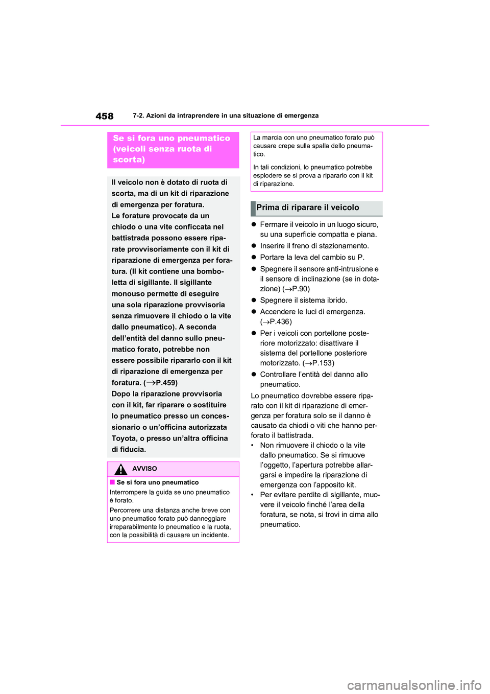 TOYOTA RAV4 2023 Manuale duso (in Italian) 4587-2. Azioni da intraprendere in una situazione di emergenza
Fermare il veicolo in un luogo sicuro,
su una superficie compatta e piana.
Inserire il freno di stazionamento.
Portare la TOYOTA RAV4 2023 Manuale duso (in Italian) 4587-2. Azioni da intraprendere in una situazione di emergenza
Fermare il veicolo in un luogo sicuro,
su una superficie compatta e piana.
Inserire il freno di stazionamento.
Portare la