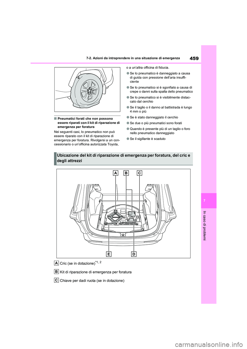 TOYOTA RAV4 2023 Manuale duso (in Italian) 459
7
7-2. Azioni da intraprendere in una situazione di emergenza
In caso di problemi
■Pneumatici forati che non possono essere riparati con il kit di riparazione di emergenza per foratura
Nei se TOYOTA RAV4 2023 Manuale duso (in Italian) 459
7
7-2. Azioni da intraprendere in una situazione di emergenza
In caso di problemi
■Pneumatici forati che non possono essere riparati con il kit di riparazione di emergenza per foratura
Nei se
