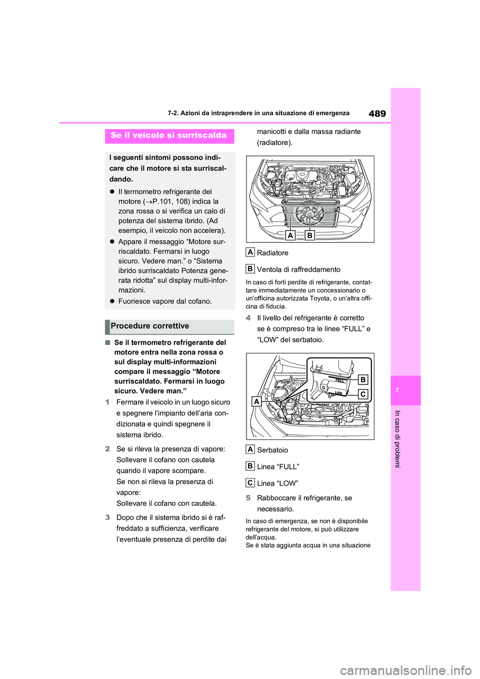TOYOTA RAV4 2023 Manuale duso (in Italian) 489
7
7-2. Azioni da intraprendere in una situazione di emergenza
In caso di problemi
■Se il termometro refrigerante del
motore entra nella zona rossa o
sul display multi-informazioni
compare i TOYOTA RAV4 2023 Manuale duso (in Italian) 489
7
7-2. Azioni da intraprendere in una situazione di emergenza
In caso di problemi
■Se il termometro refrigerante del
motore entra nella zona rossa o
sul display multi-informazioni
compare i