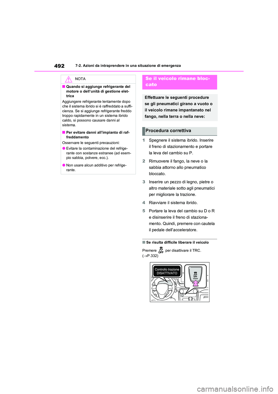 TOYOTA RAV4 2023 Manuale duso (in Italian) 4927-2. Azioni da intraprendere in una situazione di emergenza
1Spegnere il sistema ibrido. Inserire
il freno di stazionamento e portare
la leva del cambio su P.
2 Rimuovere il fango, la neve o l TOYOTA RAV4 2023 Manuale duso (in Italian) 4927-2. Azioni da intraprendere in una situazione di emergenza
1Spegnere il sistema ibrido. Inserire
il freno di stazionamento e portare
la leva del cambio su P.
2 Rimuovere il fango, la neve o l