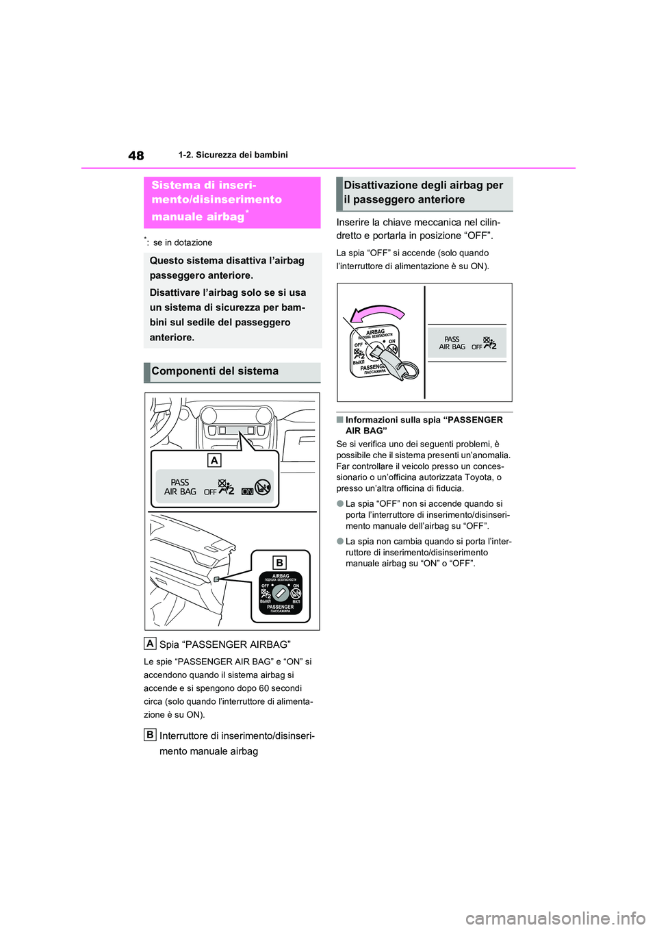 TOYOTA RAV4 2023 Manuale duso (in Italian) 481-2. Sicurezza dei bambini
1-2.Sicure zza de i bambini
*: se in dotazione
Spia “PASSENGER AIRBAG”
Le spie “PASSENGER AIR BAG” e “ON” si
accendono quando il sistema airbag si
accende TOYOTA RAV4 2023 Manuale duso (in Italian) 481-2. Sicurezza dei bambini
1-2.Sicure zza de i bambini
*: se in dotazione
Spia “PASSENGER AIRBAG”
Le spie “PASSENGER AIR BAG” e “ON” si
accendono quando il sistema airbag si
accende