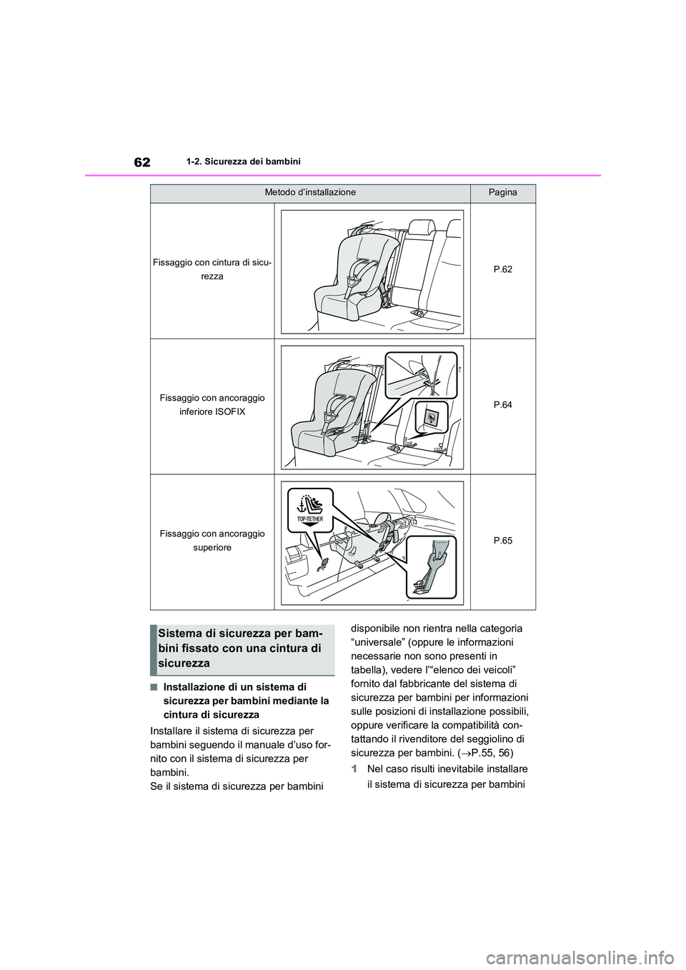 TOYOTA RAV4 2023 Manuale duso (in Italian) 621-2. Sicurezza dei bambini
■Installazione di un sistema di
sicurezza per bambini mediante la
cintura di sicurezza
Installare il sistema di sicurezza per
bambini seguendo il manuale d’uso f TOYOTA RAV4 2023 Manuale duso (in Italian) 621-2. Sicurezza dei bambini
■Installazione di un sistema di
sicurezza per bambini mediante la
cintura di sicurezza
Installare il sistema di sicurezza per
bambini seguendo il manuale d’uso f