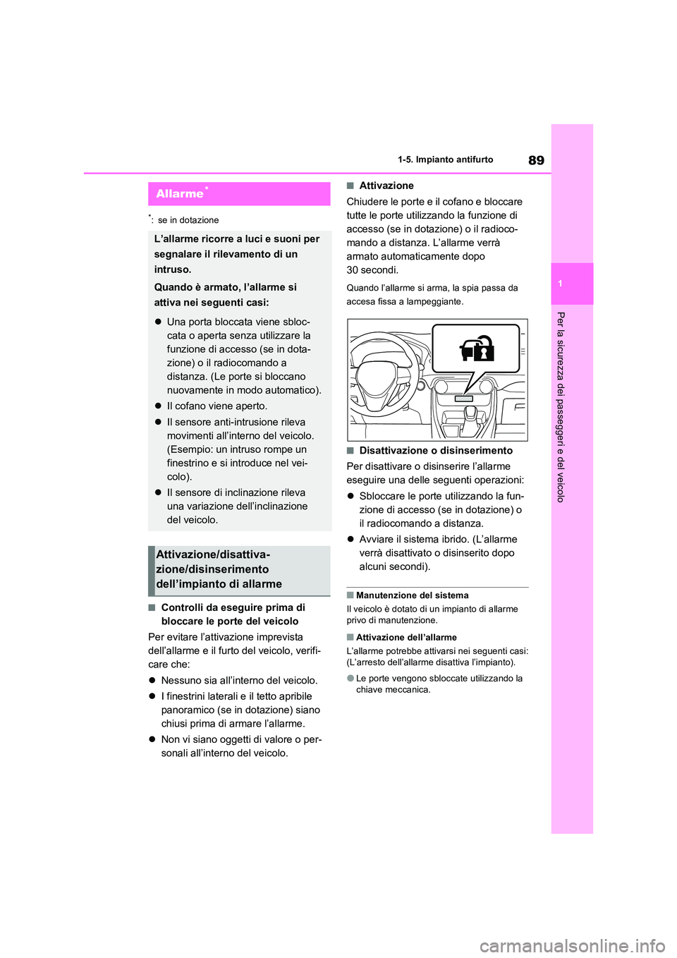 TOYOTA RAV4 2023 Manuale duso (in Italian) 89
1
1-5. Impianto antifurto
Per la sicurezza dei passeggeri e del veicolo
*: se in dotazione
■Controlli da eseguire prima di
bloccare le porte del veicolo
Per evitare l’attivazione imprevista TOYOTA RAV4 2023 Manuale duso (in Italian) 89
1
1-5. Impianto antifurto
Per la sicurezza dei passeggeri e del veicolo
*: se in dotazione
■Controlli da eseguire prima di
bloccare le porte del veicolo
Per evitare l’attivazione imprevista