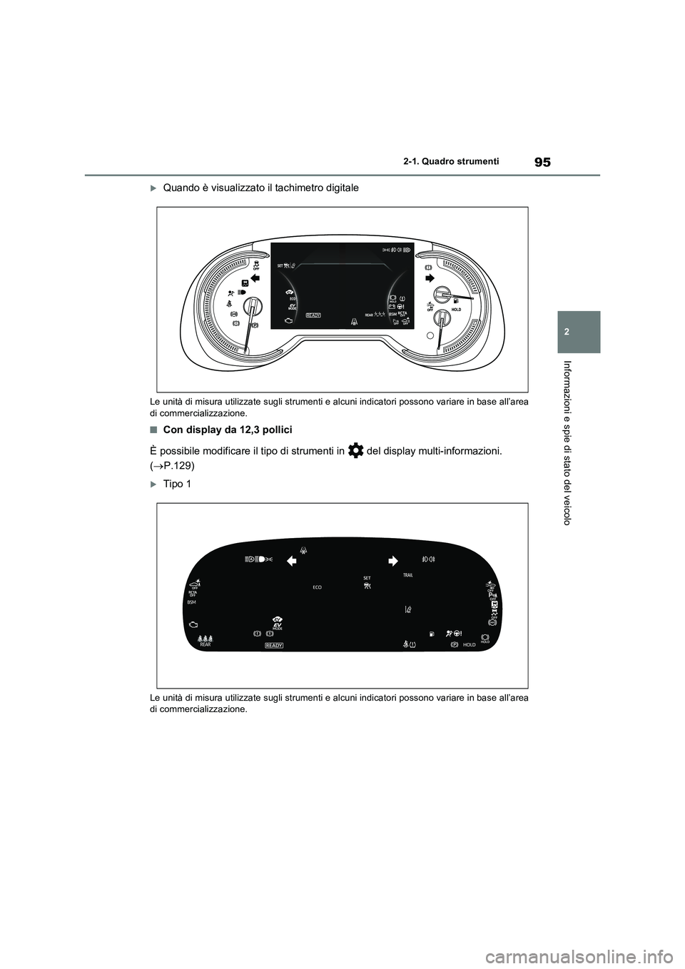 TOYOTA RAV4 2023 Manuale duso (in Italian) 95
2 2-1. Quadro strumenti
Informazioni e spie di stato del veicolo
Quando è visualizzato il tachimetro digitale
Le unità di misura utilizzate sugli strumenti e alcuni indicatori possono variare TOYOTA RAV4 2023 Manuale duso (in Italian) 95
2 2-1. Quadro strumenti
Informazioni e spie di stato del veicolo
Quando è visualizzato il tachimetro digitale
Le unità di misura utilizzate sugli strumenti e alcuni indicatori possono variare