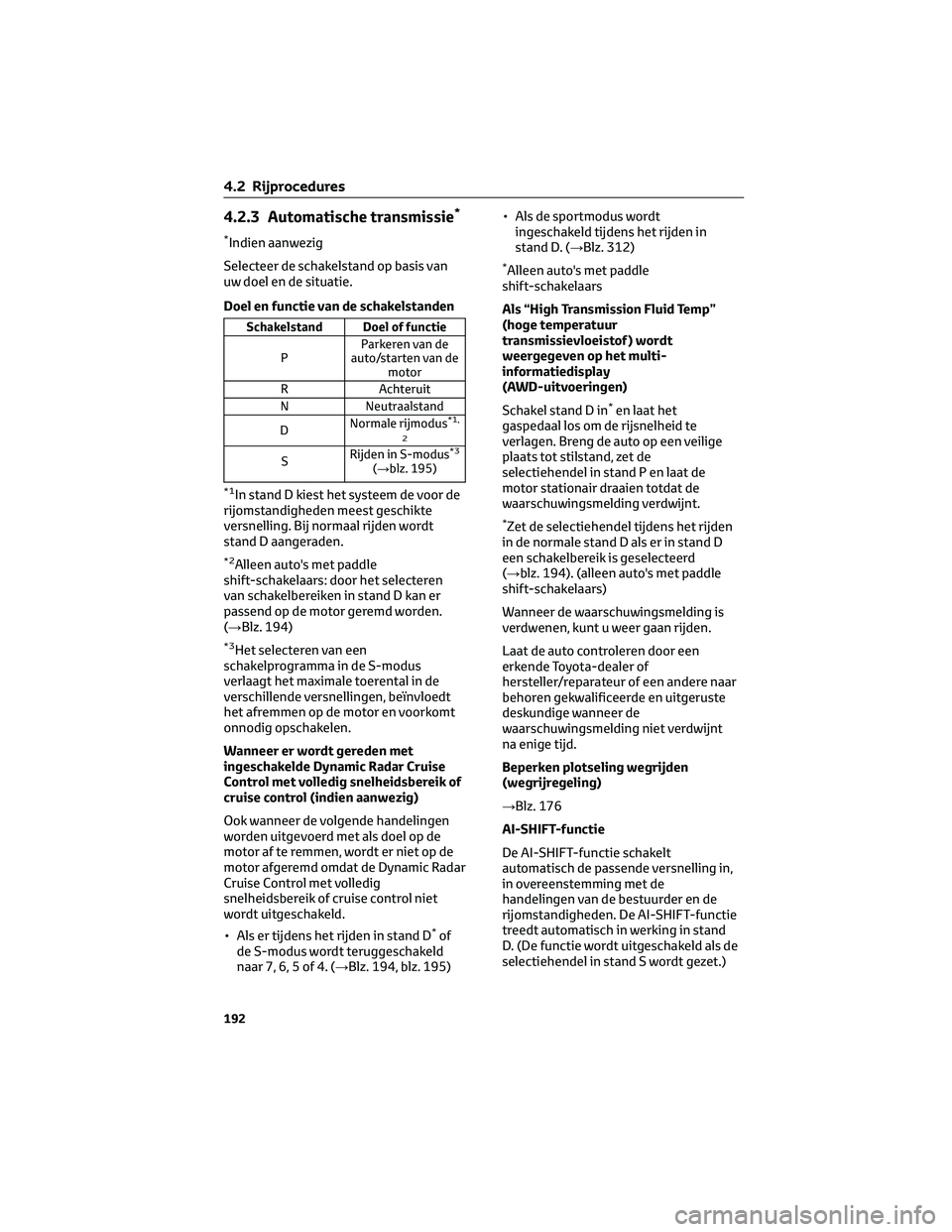 TOYOTA RAV4 2023  Instructieboekje (in Dutch) 4.2.3 Automatische transmissie*
*Indien aanwezig
Selecteer de schakelstand op basis van
uw doel en de situatie.
Doel en functie van de schakelstanden
Schakelstand Doel of functie
PParkeren van de
auto