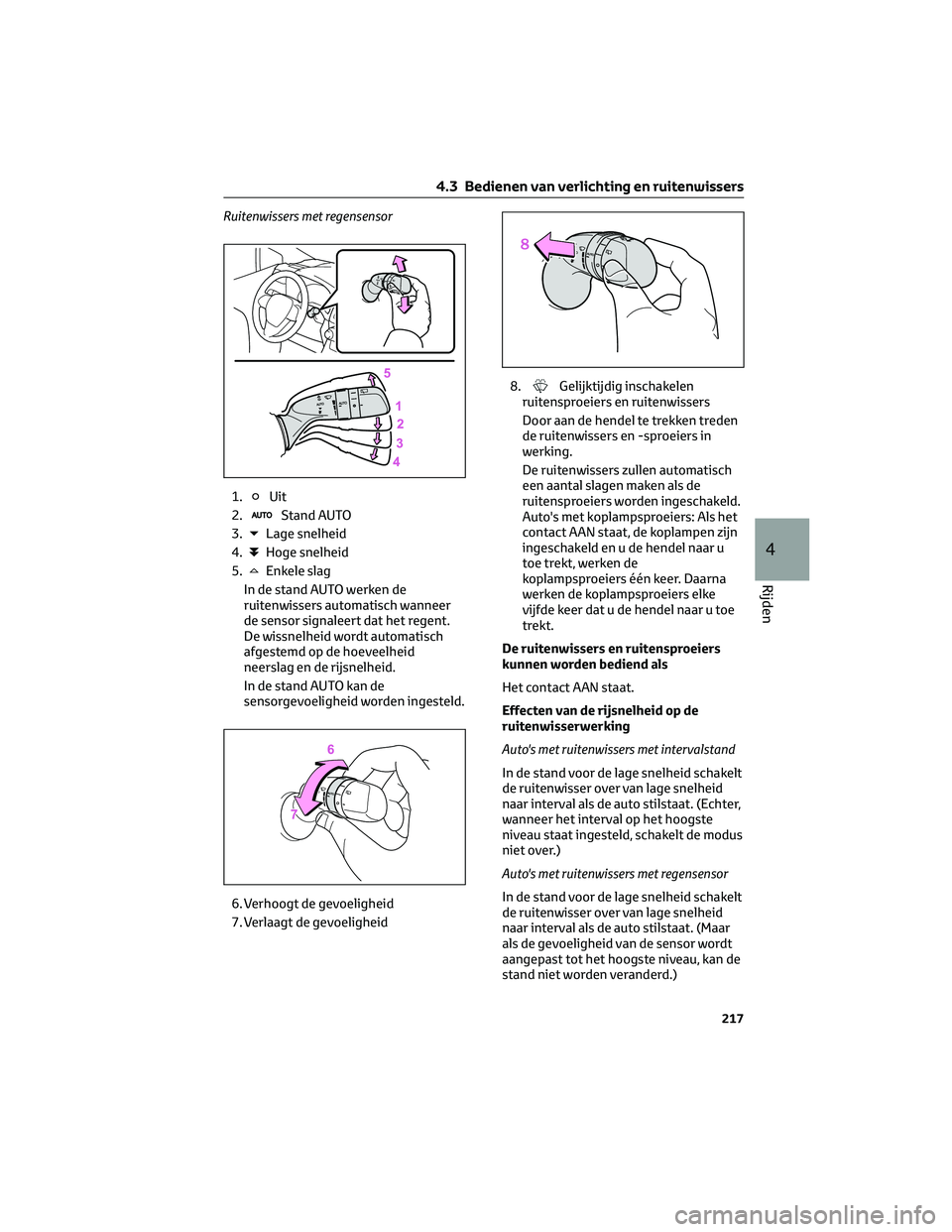 TOYOTA RAV4 2023 Instructieboekje (in Dutch) Ruitenwissers met regensensor
1.
Uit
2.
Stand AUTO
3.
Lage snelheid
4.
Hoge snelheid
5.
Enkele slag
In de stand AUTO werken de
ruitenwissers automatisch wanneer
de sensor signaleert dat het regent.
De TOYOTA RAV4 2023 Instructieboekje (in Dutch) Ruitenwissers met regensensor
1.
Uit
2.
Stand AUTO
3.
Lage snelheid
4.
Hoge snelheid
5.
Enkele slag
In de stand AUTO werken de
ruitenwissers automatisch wanneer
de sensor signaleert dat het regent.
De