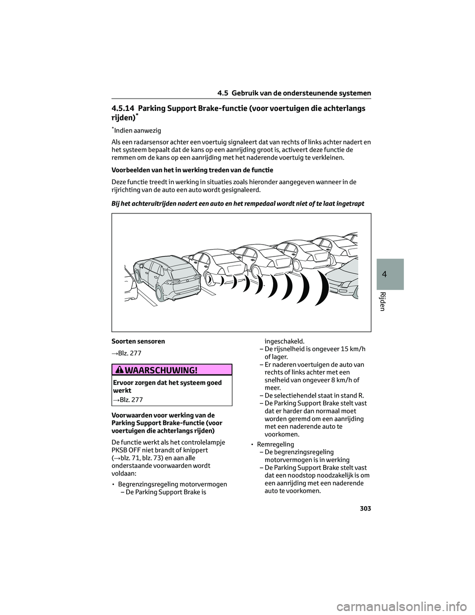 TOYOTA RAV4 2023 Instructieboekje (in Dutch) 4.5.14 Parking Support Brake-functie (voor voertuigen die achterlangs
rijden)*
*Indien aanwezig
Als een radarsensor achter een voertuig signaleert dat van rechts of links achter nadert en
het systeem TOYOTA RAV4 2023 Instructieboekje (in Dutch) 4.5.14 Parking Support Brake-functie (voor voertuigen die achterlangs
rijden)*
*Indien aanwezig
Als een radarsensor achter een voertuig signaleert dat van rechts of links achter nadert en
het systeem