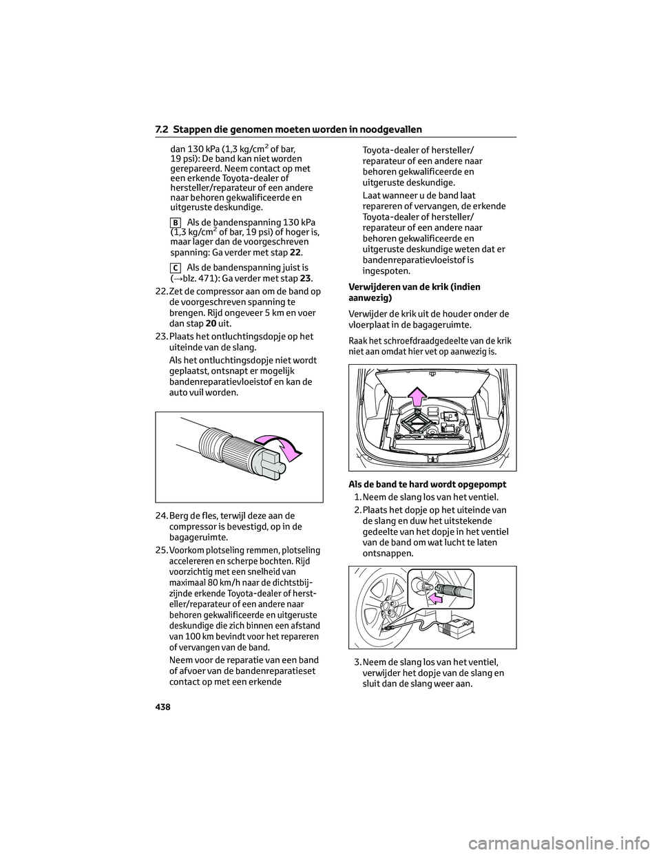TOYOTA RAV4 2023  Instructieboekje (in Dutch) dan 130 kPa (1,3 kg/cm2of bar,
19 psi): De band kan niet worden
gerepareerd. Neem contact op met
een erkende Toyota-dealer of
hersteller/reparateur of een andere
naar behoren gekwalificeerde en
uitger