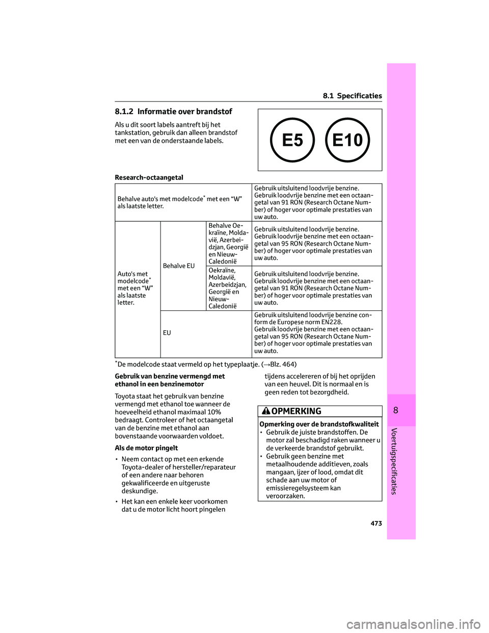 TOYOTA RAV4 2023  Instructieboekje (in Dutch) 8.1.2 Informatie over brandstof
Als u dit soort labels aantreft bij het
tankstation, gebruik dan alleen brandstof
met een van de onderstaande labels.
Research-octaangetal
Behalve auto's met modelc