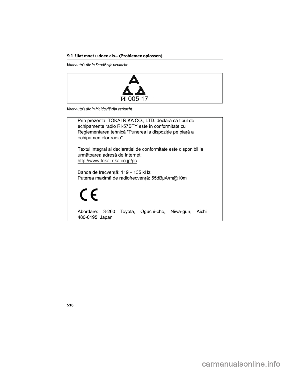 TOYOTA RAV4 2023  Instructieboekje (in Dutch) Voor auto's die in Servië zijn verkocht
Voor auto's die in Moldavië zijn verkocht
9.1 Wat moet u doen als... (Problemen oplossen)
516 