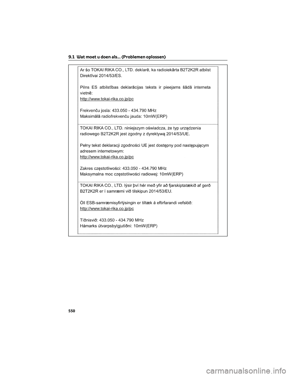 TOYOTA RAV4 2023 Instructieboekje (in Dutch) 9.1 Wat moet u doen als... (Problemen oplossen)
550 TOYOTA RAV4 2023 Instructieboekje (in Dutch) 9.1 Wat moet u doen als... (Problemen oplossen)
550