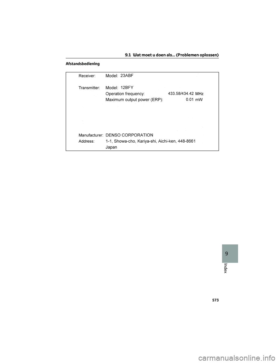 TOYOTA RAV4 2023 Instructieboekje (in Dutch) Afstandsbediening
9.1 Wat moet u doen als... (Problemen oplossen)
573
9
Index TOYOTA RAV4 2023 Instructieboekje (in Dutch) Afstandsbediening
9.1 Wat moet u doen als... (Problemen oplossen)
573
9
Index