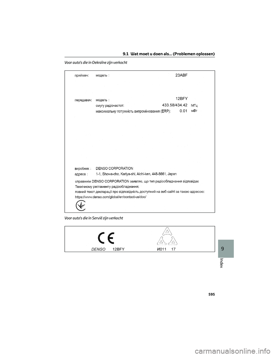 TOYOTA RAV4 2023 Instructieboekje (in Dutch) Voor auto's die in Oekraïne zijn verkocht
Voor auto's die in Servië zijn verkocht
9.1 Wat moet u doen als... (Problemen oplossen)
595
9
Index TOYOTA RAV4 2023 Instructieboekje (in Dutch) Voor auto's die in Oekraïne zijn verkocht
Voor auto's die in Servië zijn verkocht
9.1 Wat moet u doen als... (Problemen oplossen)
595
9
Index