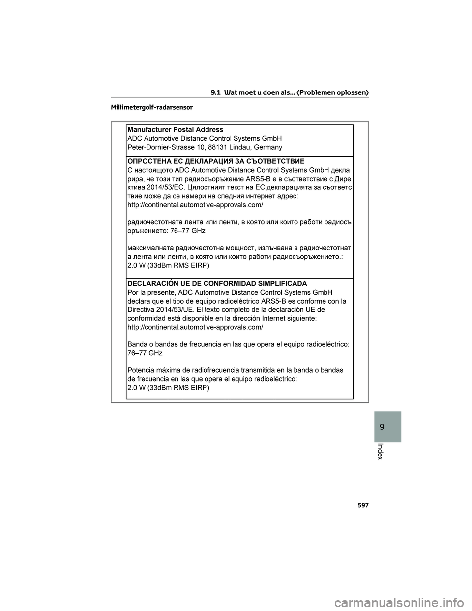 TOYOTA RAV4 2023 Instructieboekje (in Dutch) Millimetergolf-radarsensor
9.1 Wat moet u doen als... (Problemen oplossen)
597
9
Index TOYOTA RAV4 2023 Instructieboekje (in Dutch) Millimetergolf-radarsensor
9.1 Wat moet u doen als... (Problemen oplossen)
597
9
Index