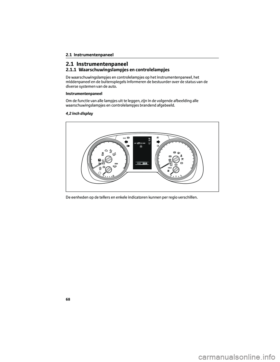 TOYOTA RAV4 2023 Instructieboekje (in Dutch) 2.1 Instrumentenpaneel
2.1.1 Waarschuwingslampjes en controlelampjes
De waarschuwingslampjes en controlelampjes op het instrumentenpaneel, het
middenpaneel en de buitenspiegels informeren de bestuurde TOYOTA RAV4 2023 Instructieboekje (in Dutch) 2.1 Instrumentenpaneel
2.1.1 Waarschuwingslampjes en controlelampjes
De waarschuwingslampjes en controlelampjes op het instrumentenpaneel, het
middenpaneel en de buitenspiegels informeren de bestuurde