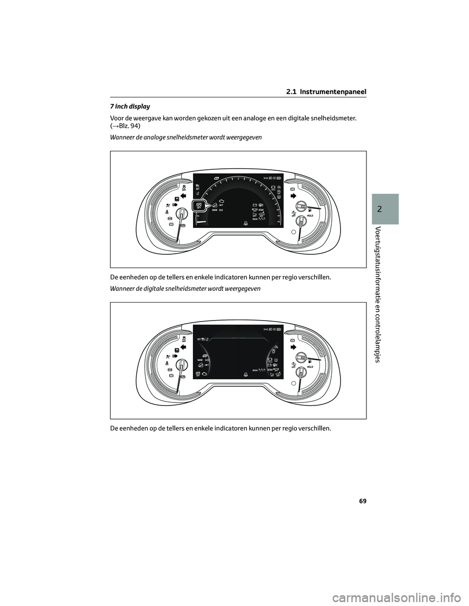 TOYOTA RAV4 2023 Instructieboekje (in Dutch) 7 inch display
Voor de weergave kan worden gekozen uit een analoge en een digitale snelheidsmeter.
(→Blz. 94)
Wanneer de analoge snelheidsmeter wordt weergegeven
De eenheden op de tellers en enkele TOYOTA RAV4 2023 Instructieboekje (in Dutch) 7 inch display
Voor de weergave kan worden gekozen uit een analoge en een digitale snelheidsmeter.
(→Blz. 94)
Wanneer de analoge snelheidsmeter wordt weergegeven
De eenheden op de tellers en enkele