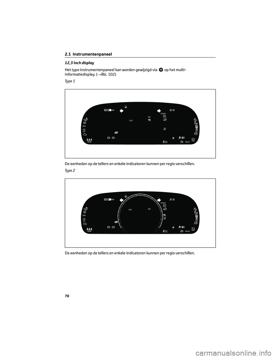 TOYOTA RAV4 2023 Instructieboekje (in Dutch) 12,3 inch display
Het type instrumentenpaneel kan worden gewijzigd via
op het multi-
informatiedisplay. (→Blz. 102)
Ty p e 1
De eenheden op de tellers en enkele indicatoren kunnen per regio verschil TOYOTA RAV4 2023 Instructieboekje (in Dutch) 12,3 inch display
Het type instrumentenpaneel kan worden gewijzigd via
op het multi-
informatiedisplay. (→Blz. 102)
Ty p e 1
De eenheden op de tellers en enkele indicatoren kunnen per regio verschil