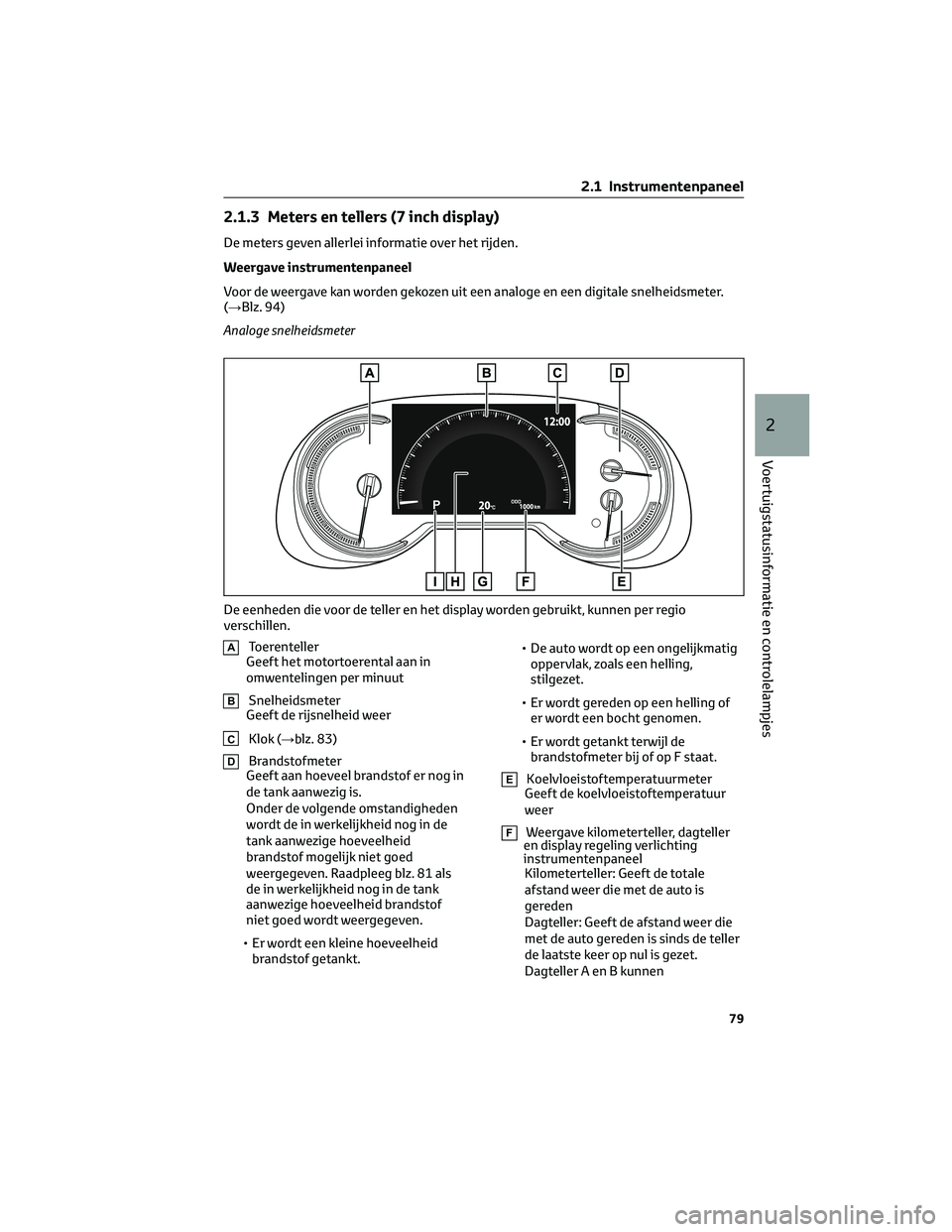 TOYOTA RAV4 2023 Instructieboekje (in Dutch) 2.1.3 Meters en tellers (7 inch display)
De meters geven allerlei informatie over het rijden.
Weergave instrumentenpaneel
Voor de weergave kan worden gekozen uit een analoge en een digitale snelheidsm TOYOTA RAV4 2023 Instructieboekje (in Dutch) 2.1.3 Meters en tellers (7 inch display)
De meters geven allerlei informatie over het rijden.
Weergave instrumentenpaneel
Voor de weergave kan worden gekozen uit een analoge en een digitale snelheidsm