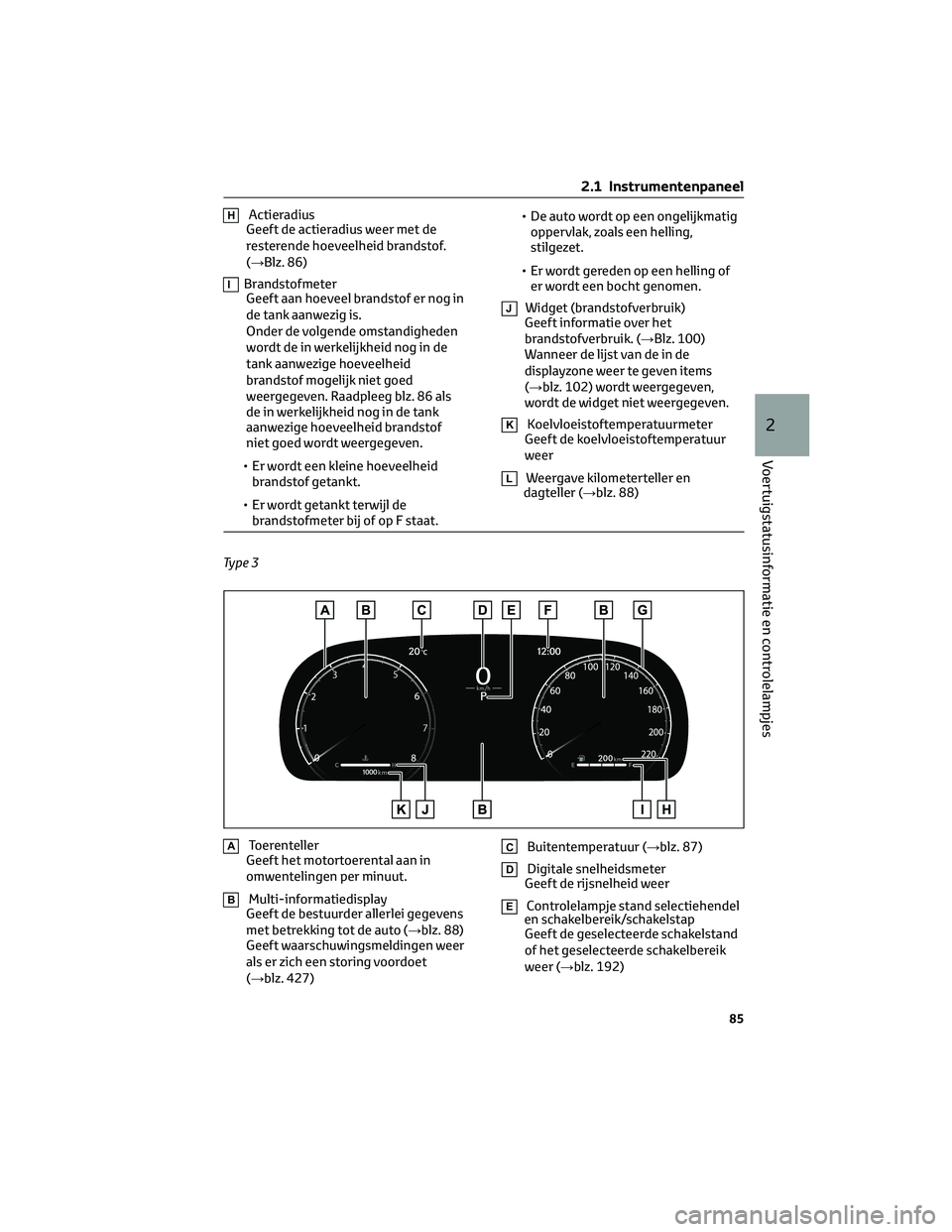 TOYOTA RAV4 2023 Instructieboekje (in Dutch) HActieradius
Geeft de actieradius weer met de
resterende hoeveelheid brandstof.
(→Blz. 86)
IBrandstofmeter
Geeft aan hoeveel brandstof er nog in
de tank aanwezig is.
Onder de volgende omstandigheden TOYOTA RAV4 2023 Instructieboekje (in Dutch) HActieradius
Geeft de actieradius weer met de
resterende hoeveelheid brandstof.
(→Blz. 86)
IBrandstofmeter
Geeft aan hoeveel brandstof er nog in
de tank aanwezig is.
Onder de volgende omstandigheden
