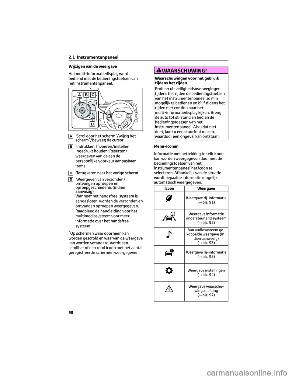 TOYOTA RAV4 2023 Instructieboekje (in Dutch) Wijzigen van de weergave
Het multi-informatiedisplay wordt
bediend met de bedieningstoetsen van
het instrumentenpaneel.
AScrol door het scherm*/wijzig het
scherm*/beweeg de cursor
BIndrukken: Invoeren TOYOTA RAV4 2023 Instructieboekje (in Dutch) Wijzigen van de weergave
Het multi-informatiedisplay wordt
bediend met de bedieningstoetsen van
het instrumentenpaneel.
AScrol door het scherm*/wijzig het
scherm*/beweeg de cursor
BIndrukken: Invoeren