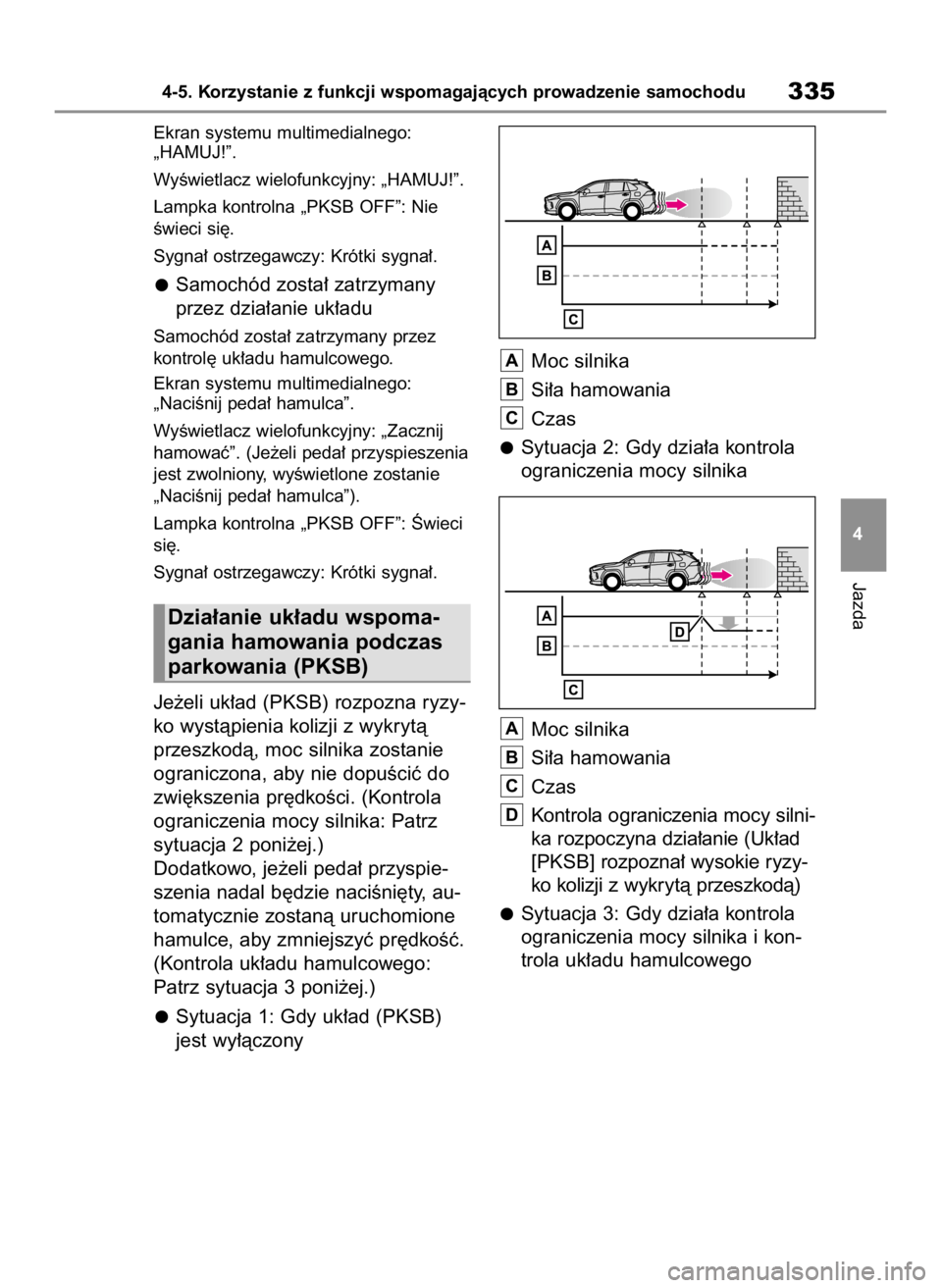 TOYOTA RAV4 2023  Instrukcja obsługi (in Polish) Ekran systemu multimedialnego:
„HAMUJ!”.
WyÊwietlacz wielofunkcyjny: „HAMUJ!”.
Lampka kontrolna „PKSB OFF”: Nie
Êwieci si´.
Sygna∏ ostrzegawczy: Krótki sygna∏.
Samochód zosta∏ z