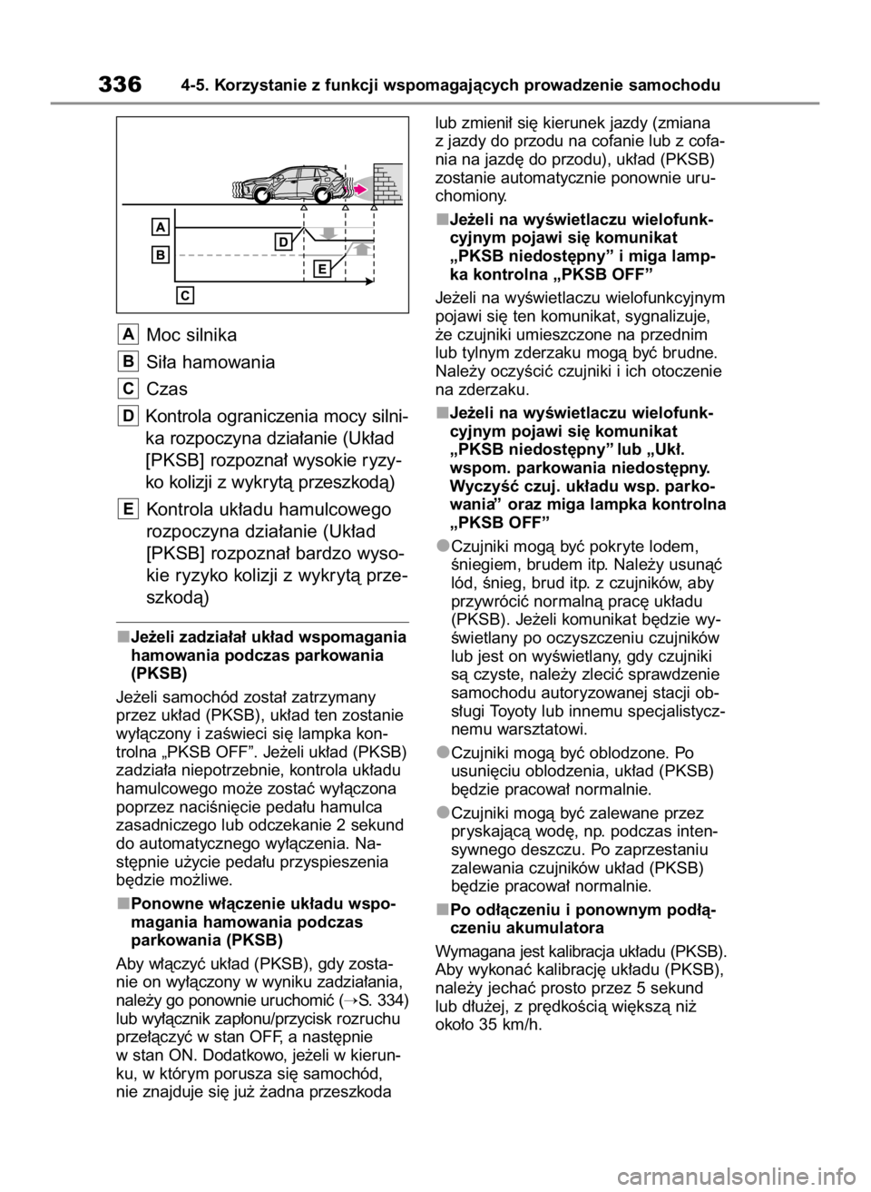 TOYOTA RAV4 2023  Instrukcja obsługi (in Polish) Moc silnika
Si∏a hamowania
Czas
Kontrola ograniczenia mocy silni-
ka rozpoczyna dzia∏anie (Uk∏ad
[PKSB] rozpozna∏ wysokie ryzy-
ko kolizji z wykrytà przeszkodà)
Kontrola uk∏adu hamulcowego