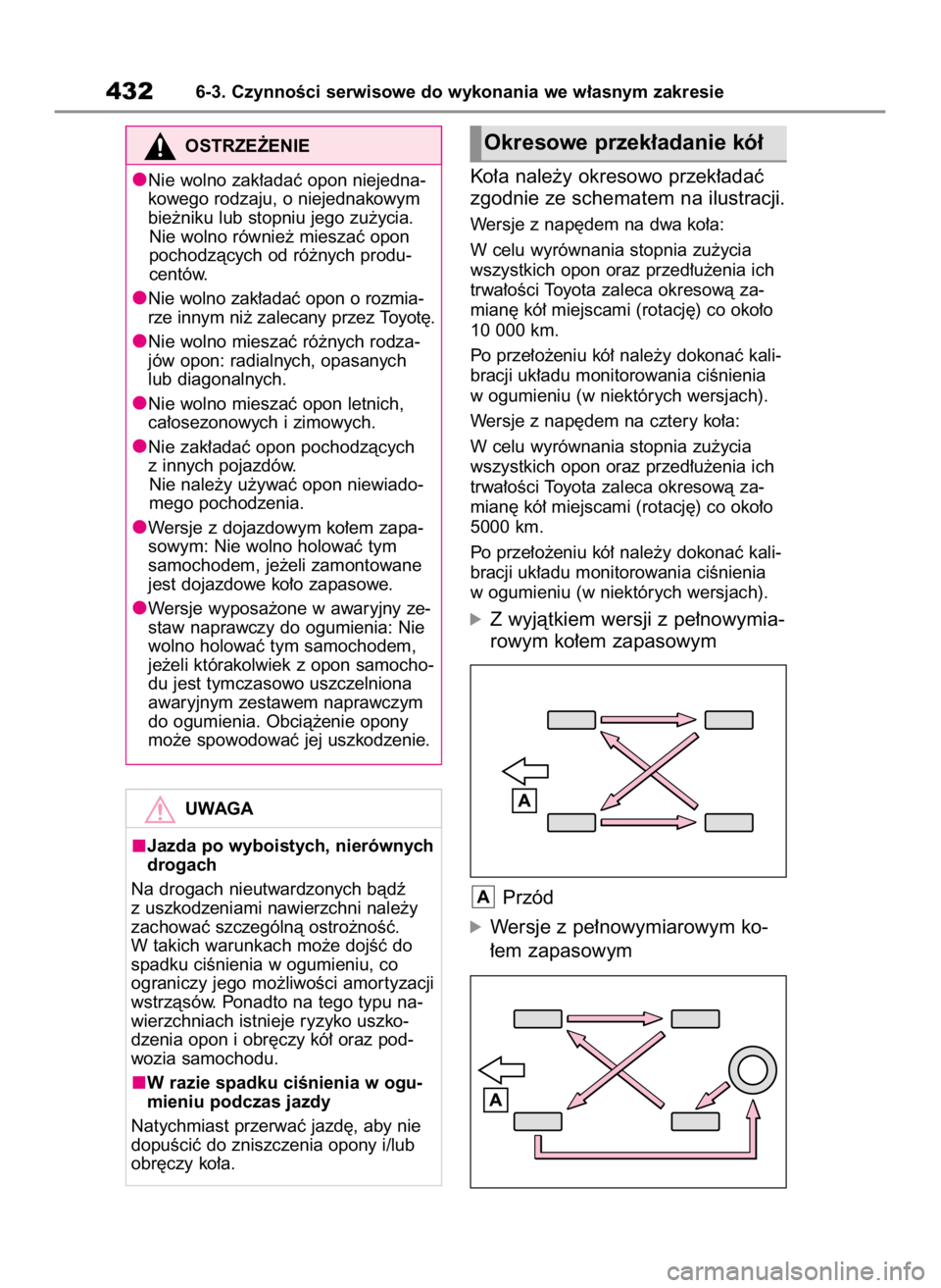 TOYOTA RAV4 2023  Instrukcja obsługi (in Polish) Ko∏a nale˝y okresowo przek∏adaç
zgodnie ze schematem na ilustracji.
Wersje z nap´dem na dwa ko∏a:
W celu wyrównania stopnia zu˝ycia
wszystkich opon oraz przed∏u˝enia ich
trwa∏oÊci Toy