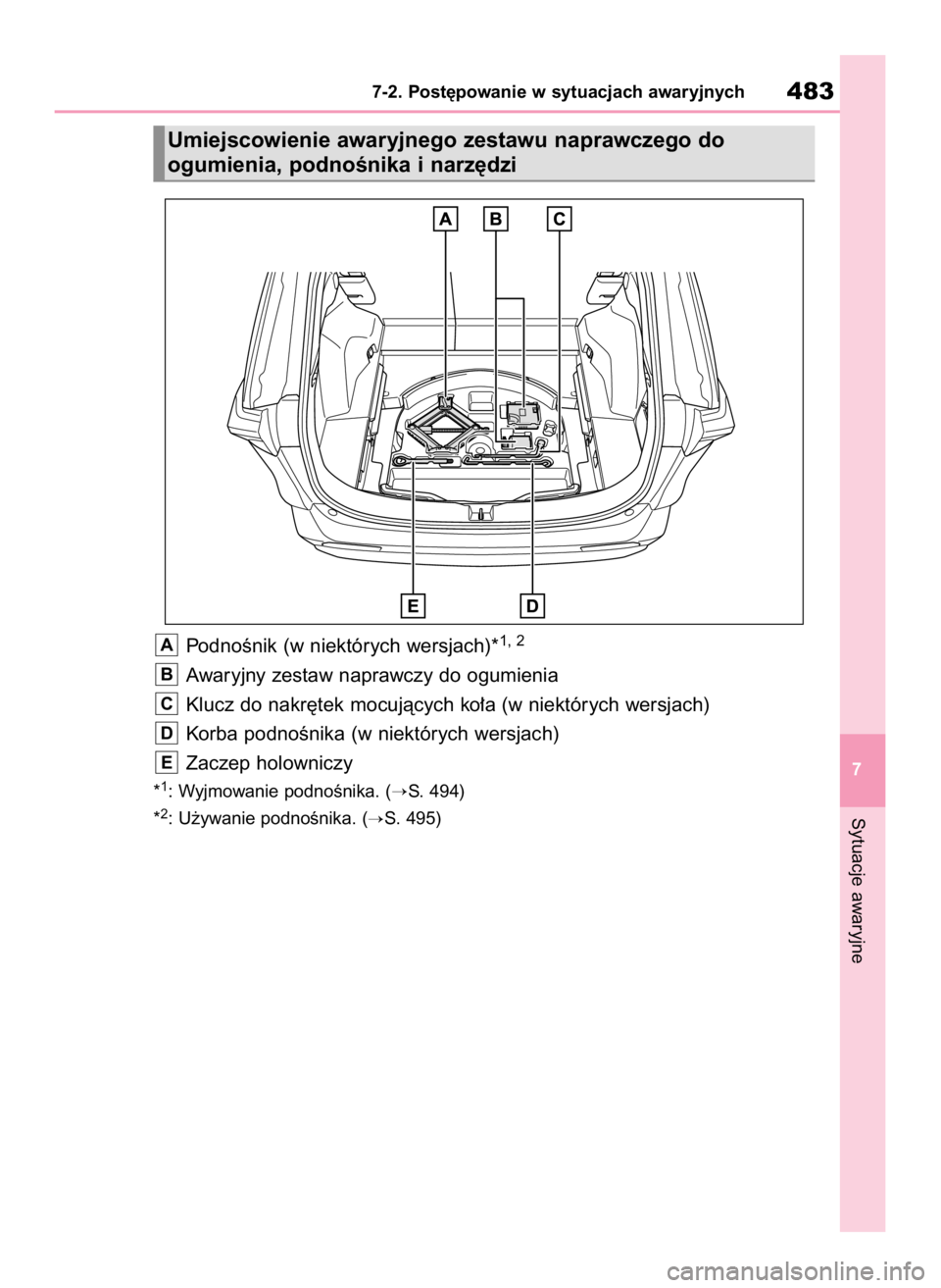 TOYOTA RAV4 2023  Instrukcja obsługi (in Polish) Sytuacje awaryjne
7-2. Post´powanie w sytuacjach awaryjnych483
7
Umiejscowienie awaryjnego zestawu naprawczego do 
ogumienia, podnoÊnika i narz´dzi
PodnoÊnik (w niektórych wersjach)*1, 2
Awaryjny