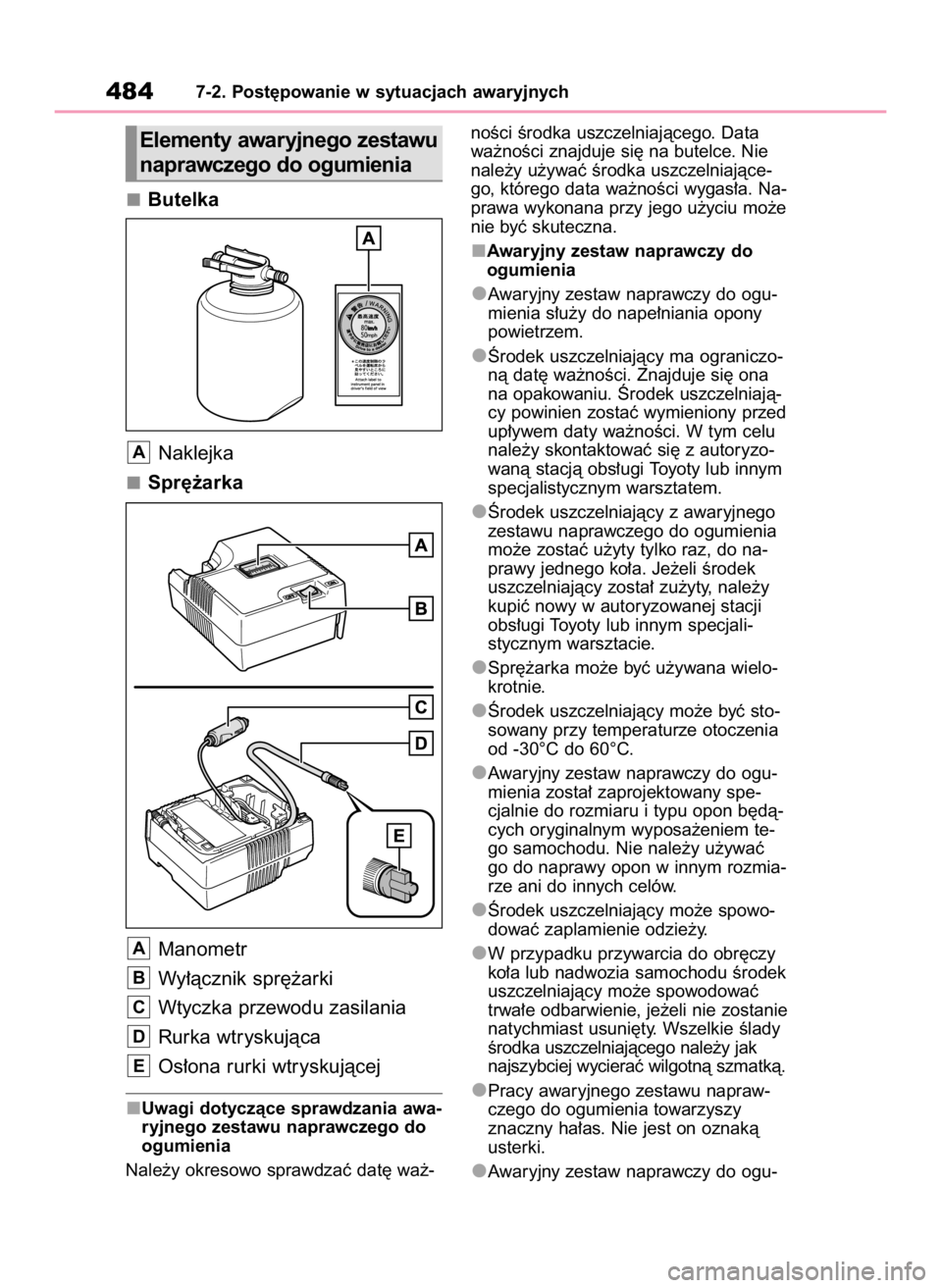 TOYOTA RAV4 2023  Instrukcja obsługi (in Polish) Butelka
Naklejka
Spr´˝arka
Manometr
Wy∏àcznik spr´˝arki
Wtyczka przewodu zasilania
Rurka wtryskujàca
Os∏ona rurki wtryskujàcej
Uwagi dotyczàce sprawdzania awa-
ryjnego zestawu naprawczego 