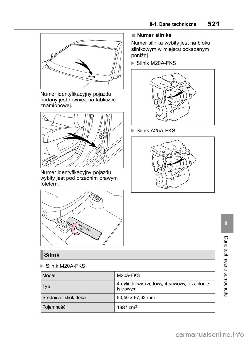 TOYOTA RAV4 2023  Instrukcja obsługi (in Polish) Numer identyfikacyjny pojazdu 
podany jest równie˝ na tabliczce
znamionowej.
Numer identyfikacyjny pojazdu 
wybity jest pod przednim prawym
fotelem.Numer silnika
Numer silnika wybity jest na bloku
s