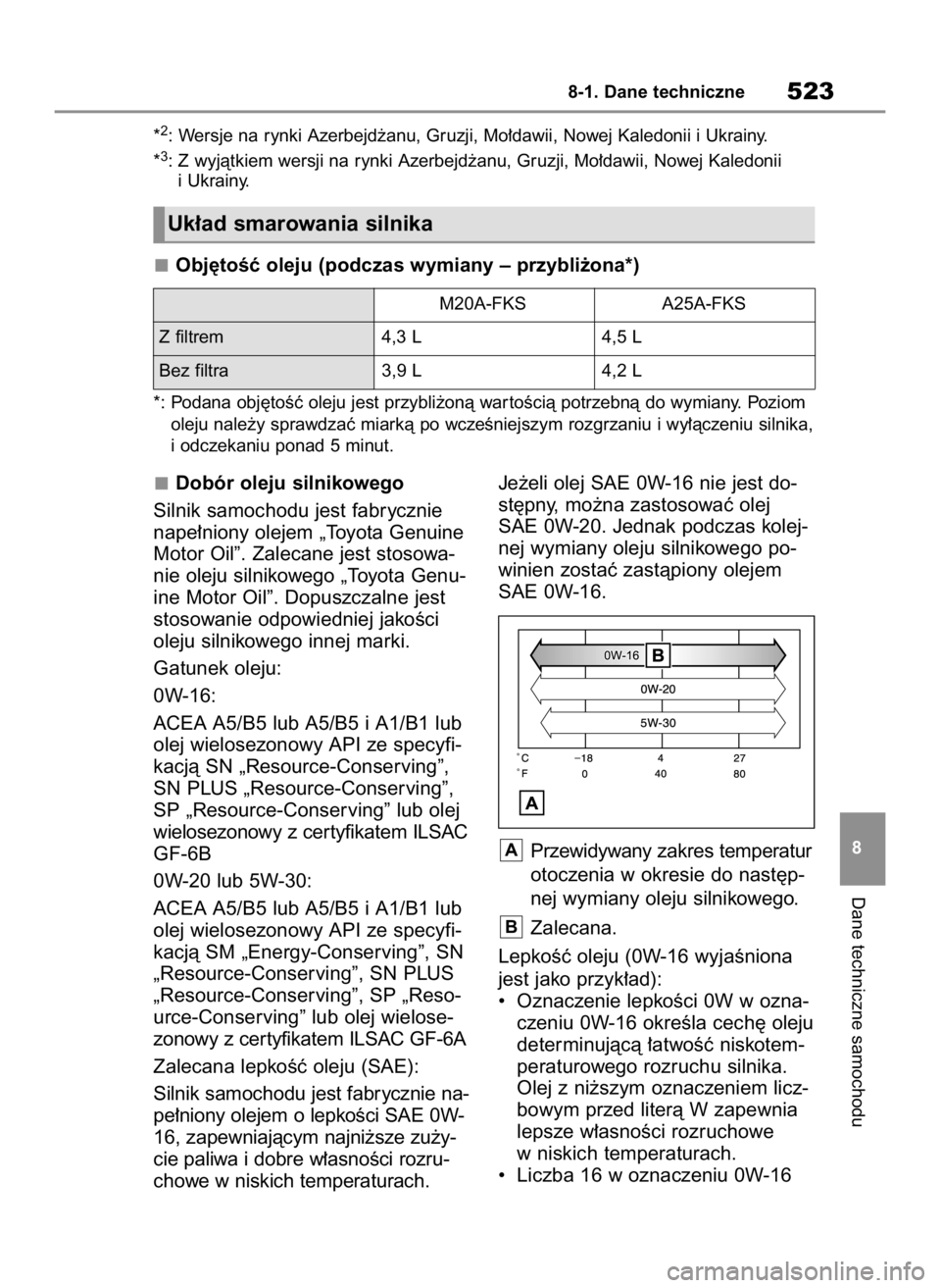 TOYOTA RAV4 2023  Instrukcja obsługi (in Polish) Dobór oleju silnikowego
Silnik samochodu jest fabrycznie
nape∏niony olejem „Toyota Genuine
Motor Oil”. Zalecane jest stosowa-
nie oleju silnikowego „Toyota Genu-
ine Motor Oil”. Dopuszczaln