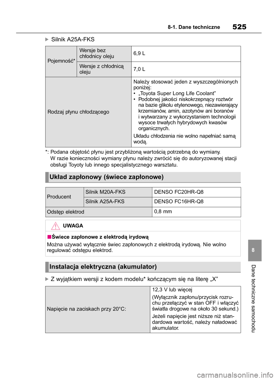 TOYOTA RAV4 2023  Instrukcja obsługi (in Polish) óSilnik A25A-FKS
*: Podana obj´toÊç p∏ynu jest przybli˝onà war toÊcià potrzebnà do wymiany.
W razie koniecznoÊci wymiany p∏ynu nale˝y zwróciç si´ do autoryzowanej stacji
obs∏ugi To