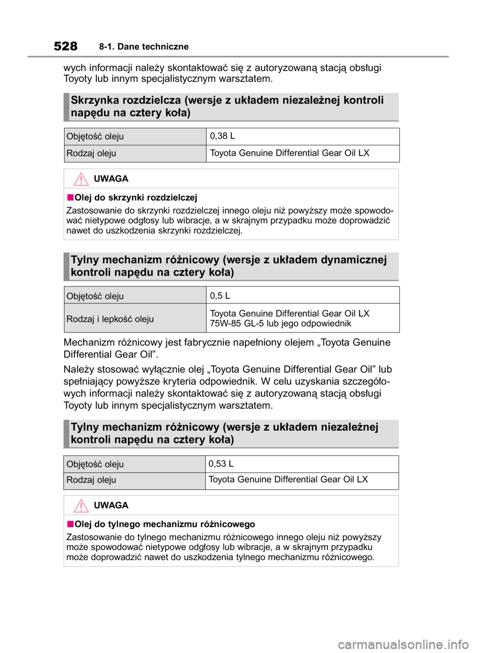 TOYOTA RAV4 2023 Instrukcja obsługi (in Polish) wych informacji nale˝y skontaktowaç si´ z autoryzowanà stacjà obs∏ugi
Toyoty lub innym specjalistycznym warsztatem.
Mechanizm ró˝nicowy jest fabrycznie nape∏niony olejem „Toyota Genuine
TOYOTA RAV4 2023 Instrukcja obsługi (in Polish) wych informacji nale˝y skontaktowaç si´ z autoryzowanà stacjà obs∏ugi
Toyoty lub innym specjalistycznym warsztatem.
Mechanizm ró˝nicowy jest fabrycznie nape∏niony olejem „Toyota Genuine