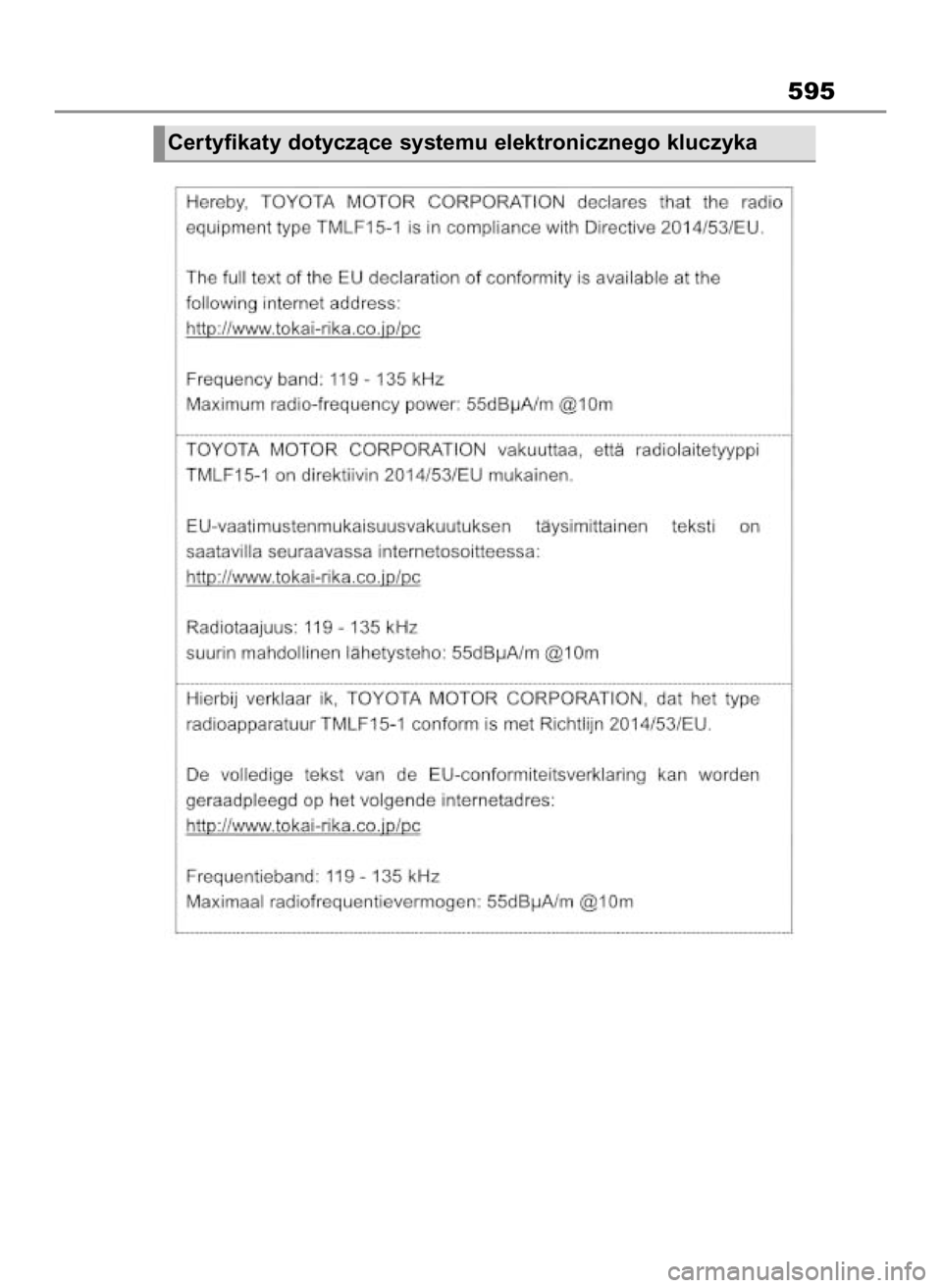 TOYOTA RAV4 2023  Instrukcja obsługi (in Polish) 595
Certyfikaty dotyczàce systemu elektronicznego kluczyka
37 RAV4 OM9A574E  11/14/22  6:09 PM  Page 595 