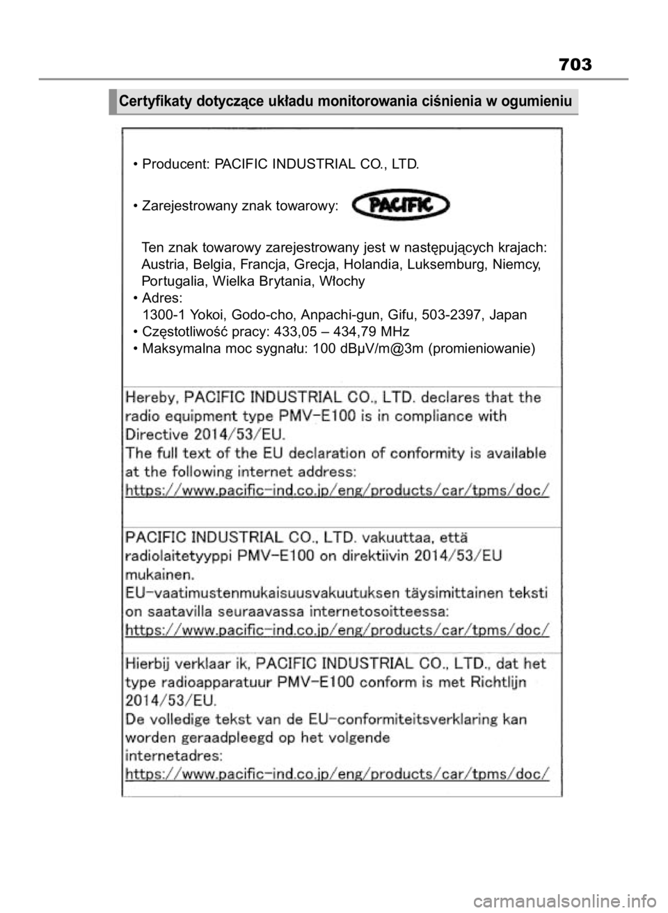 TOYOTA RAV4 2023  Instrukcja obsługi (in Polish) 703
Certyfikaty dotyczàce uk∏adu monitorowania ciÊnienia w ogumieniu
• Producent: PACIFIC INDUSTRIAL CO., LTD.
• Zarejestrowany znak towarowy:
Ten znak towarowy zarejestrowany jest w nast´puj