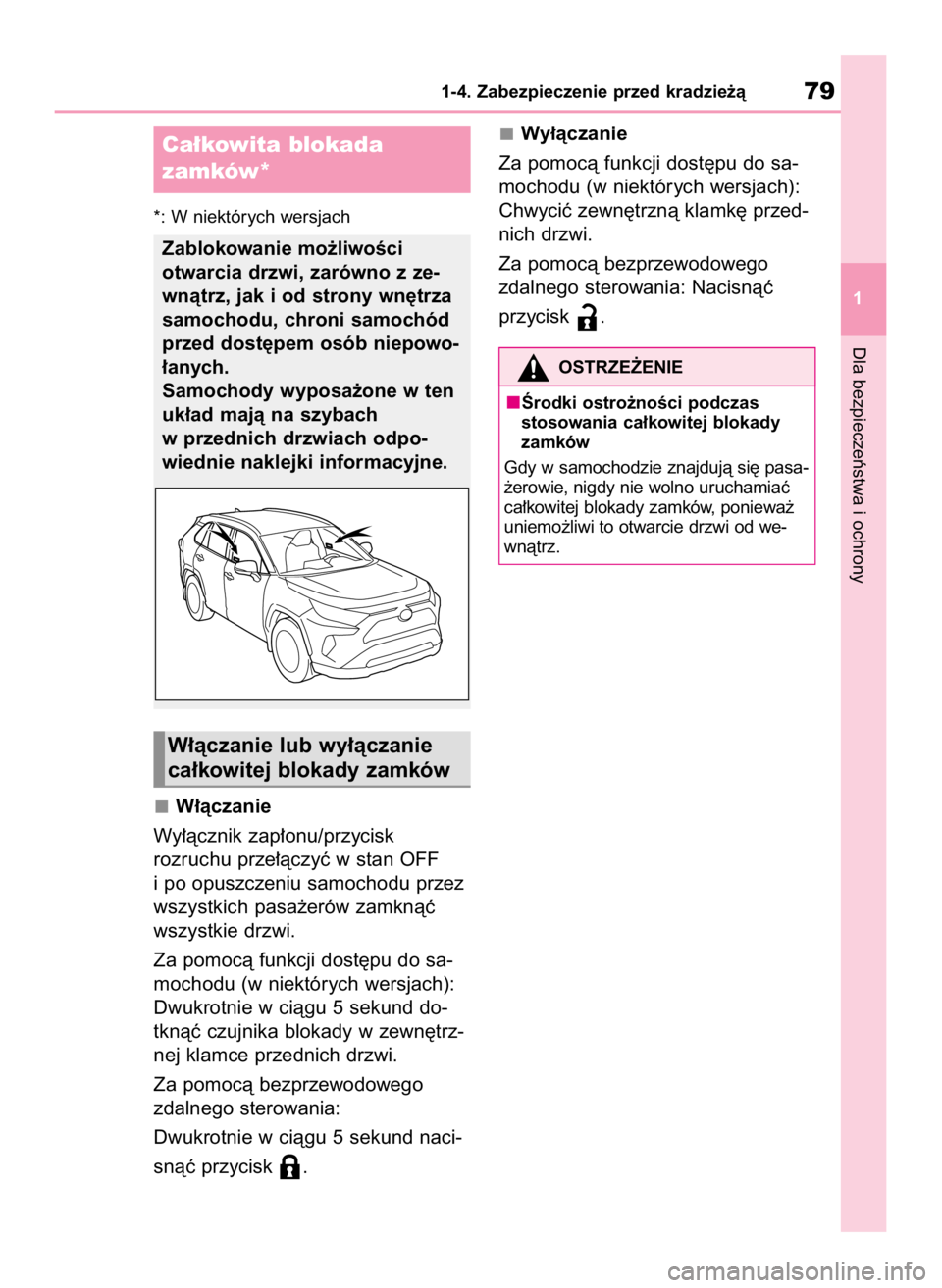 TOYOTA RAV4 2023  Instrukcja obsługi (in Polish) *: W niektórych wersjach
W∏àczanie
Wy∏àcznik zap∏onu/przycisk
rozruchu prze∏àczyç w stan OFF
i po opuszczeniu samochodu przez
wszystkich pasa˝erów zamknàç
wszystkie drzwi.
Za pomocà 
