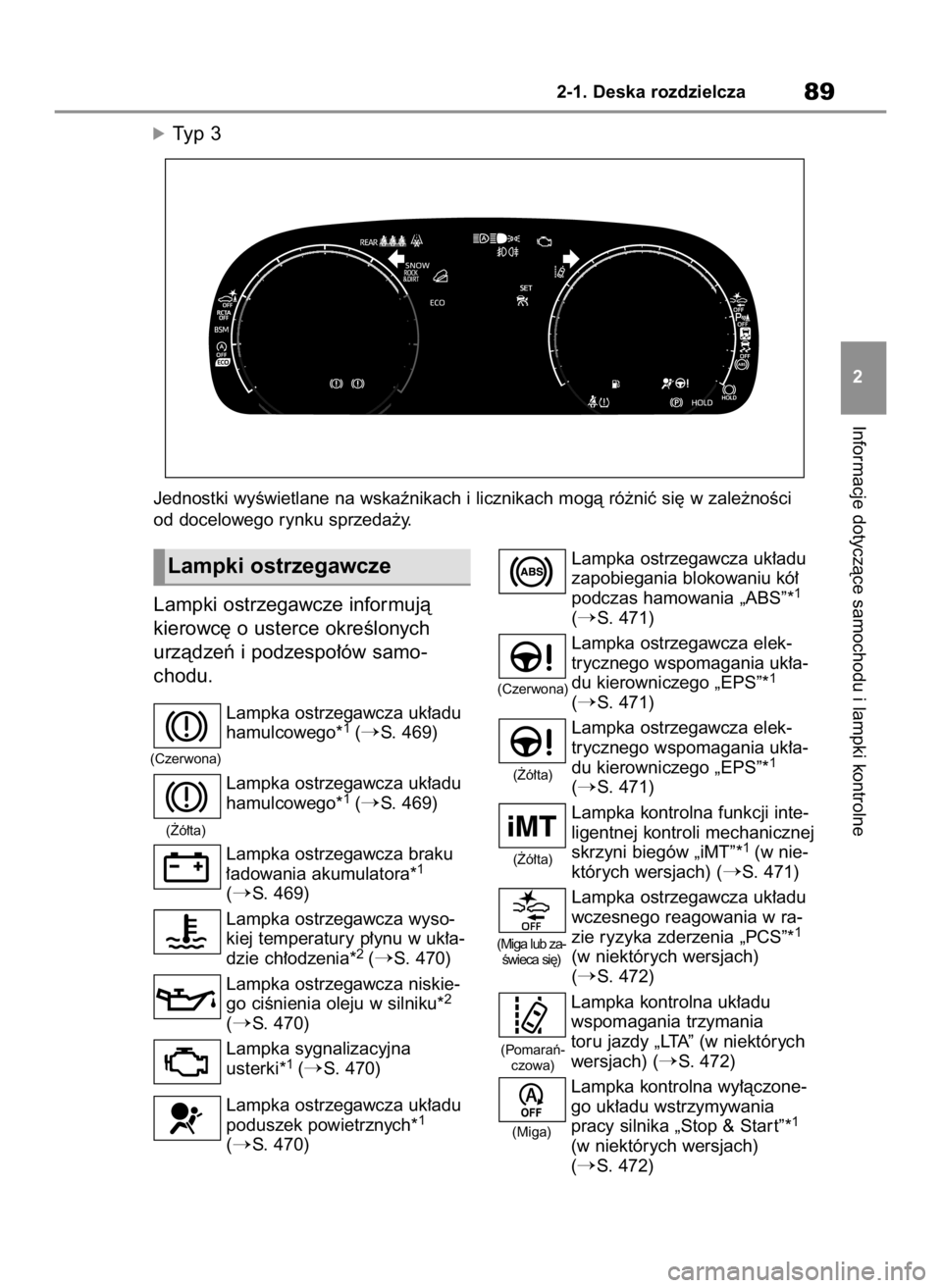 TOYOTA RAV4 2023  Instrukcja obsługi (in Polish) Lampki ostrzegawcze informujà
kierowc´ o usterce okreÊlonych
urzàdzeƒ i podzespo∏ów samo-
chodu.
Lampka ostrzegawcza uk∏adu
hamulcowego*1 (S. 469)
Lampka ostrzegawcza uk∏adu
hamulcowego*
