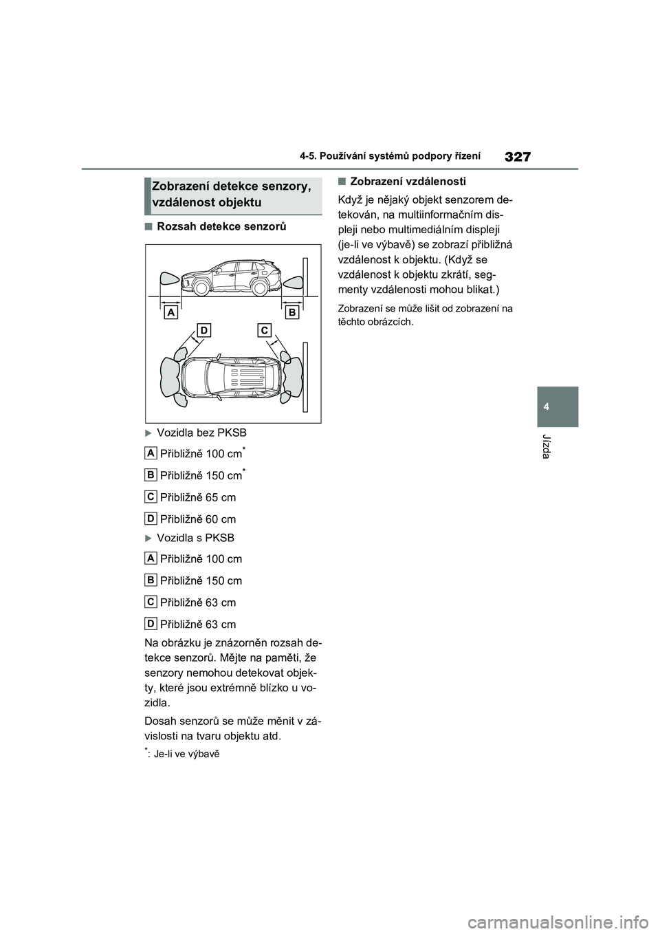 TOYOTA RAV4 2023  Návod na použití (in Czech) 327
4 
4-5. Používání systémů podpory řízení
Jízda
■Rozsah detekce senzorů
Vozidla bez PKSB 
Přibližně 100 cm*
Přibližně 150 cm*
Přibližně 65 cm 
Přibližně 60 cm
Vozidla