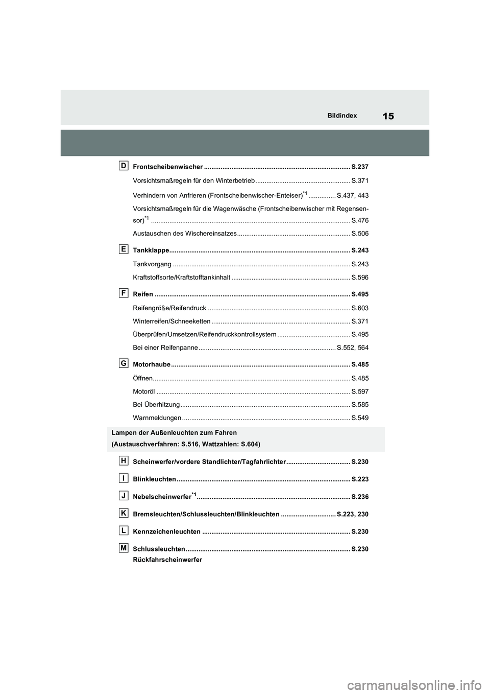 TOYOTA RAV4 2022  Betriebsanleitungen (in German) 15Bildindex
Frontscheibenwischer ................................................................................ S.237
Vorsichtsmaßregeln für den Winterbetrieb .....................................