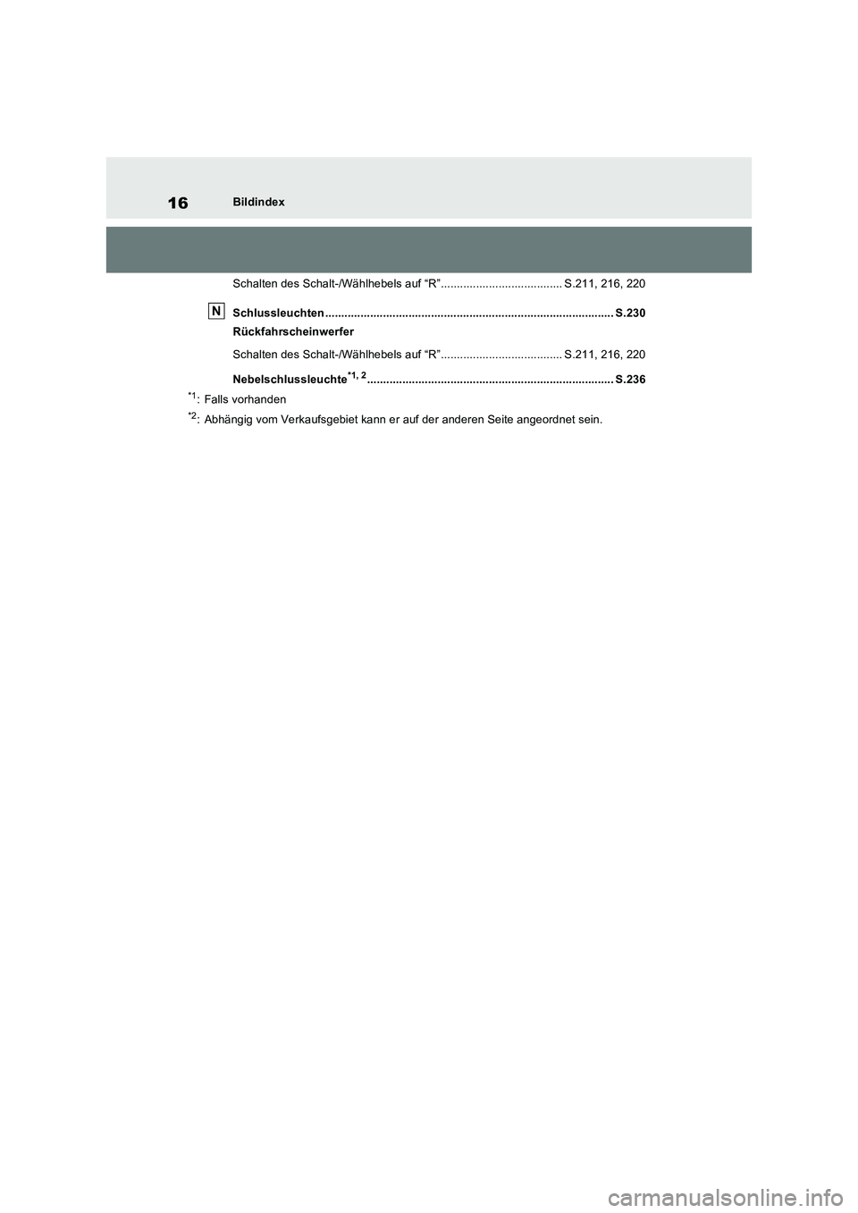 TOYOTA RAV4 2022  Betriebsanleitungen (in German) 16Bildindex
Schalten des Schalt-/Wählhebels auf “R”...................................... S.211, 216, 220
Schlussleuchten .........................................................................