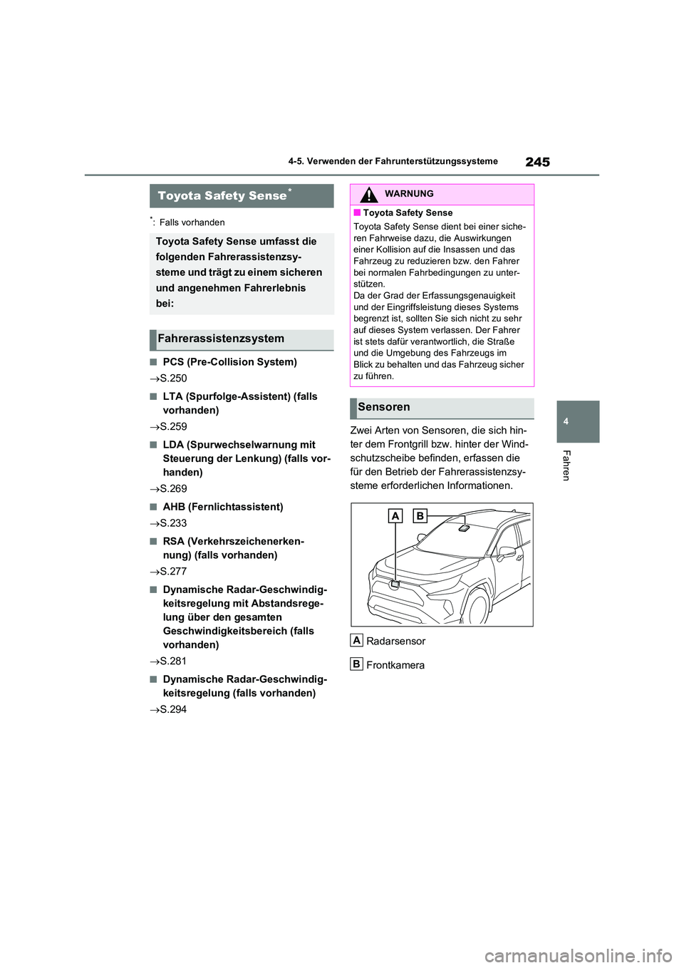 TOYOTA RAV4 2022  Betriebsanleitungen (in German) 245
4 
4-5. Verwenden der Fahrunterstützungssysteme
Fahren
4-5.Verwenden  de r  Fahrunterstü tzu ngss ysteme
*: Falls vorhanden
�QPCS (Pre-Collision System) 
 S.250
�QLTA (Spurfolge-Assistent) (f