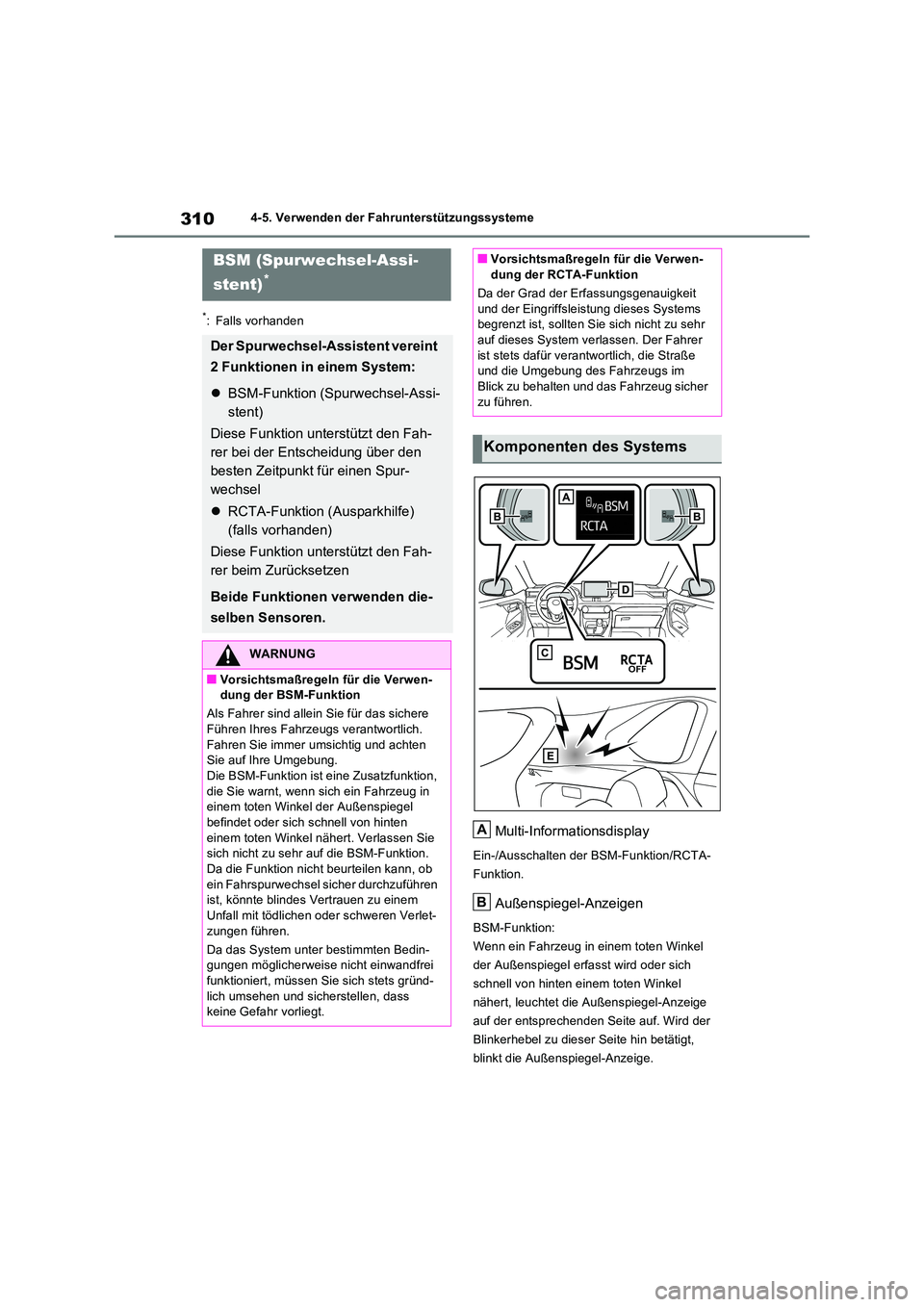 TOYOTA RAV4 2022  Betriebsanleitungen (in German) 3104-5. Verwenden der Fahrunterstützungssysteme
*: Falls vorhanden
Multi-Informationsdisplay
Ein-/Ausschalten der BSM-Funktion/RCTA- 
Funktion.
Außenspiegel-Anzeigen
BSM-Funktion:
Wenn ein Fahrzeug 